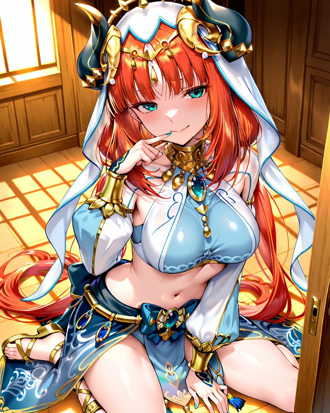 masterpiece, AND ORAL SEX, {AND ORAL SEX}, {{masterpiece}}, {Hi-Res},1girl, Nilou,teasing face,青いskirt、bracers、circle、Crop Top、Dancer、Detached Sleeves、偽のhorn、剣闘士のsandals、Gold Shoes、gold trim 、horn、jewelry、long sleeve、collar、ふくらんでいるlong sleeve、puffy sleeves、sandals、skirt、thighs、Veil、white hat、white sleeve、白いVeil、panties