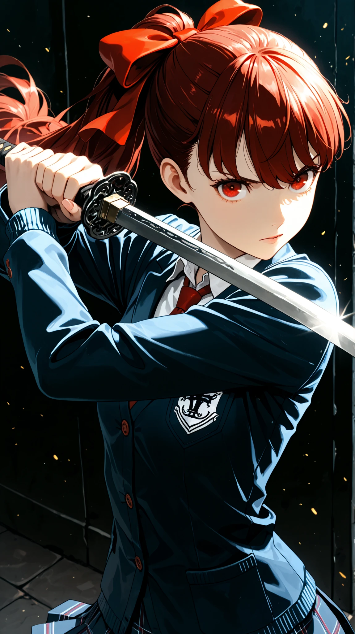 masterpiece,Rich color ,cinematic lighting,1girl,throw,Holding Japanese sword,slay with one sword:1.5,The sword flashes:1.2,dynamic pose,school uniform:1.3, medium chest, Red Eyes, red hair, high ponytail,red hair bow:1.7,Serious Expression,Naval School Cardigan,masterpiece, 最High Quality, High Quality, very aesthetic, super high resolution, Newest, Slender with SMG:1.7,((random background:1.3)),((((low contrast:1.5))),natural light:1.6,((holding 鞘:1.3))