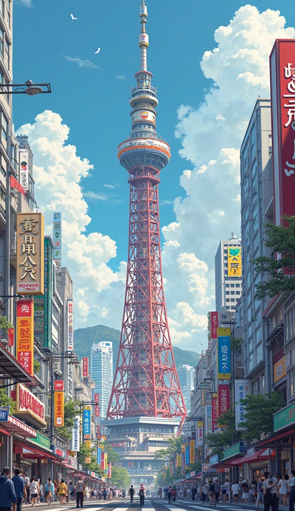 Photo taken from the street，There is a tall tower in the background, Tokyo inspired, Tokyo background, Tokyo anime scene, Tokyo japan, Tokyo city, Tokyo, new Tokyo, Inspired by jiff machino, Tokyo futuristic and clean, Tokyo mural, japan poster, Such, (neoTokyo), anime poster, Tokyo - esque town, in neo Tokyo, anime movie poster