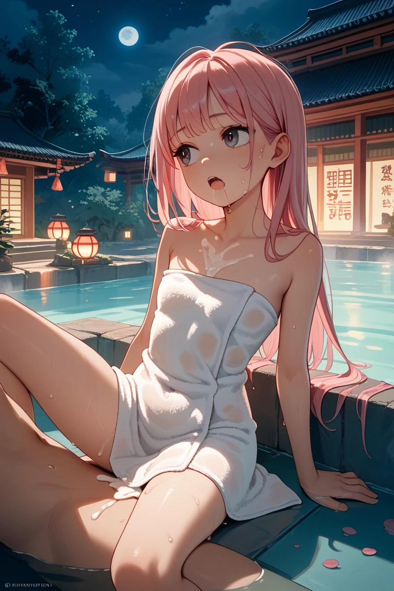4K anime，1girl, solo, 170cm height，mitsukasa ayase, Smaller，70CM bust，With bare arms，A high resolution,Realistic, 1wall, wide angle,1girl, long hair, shy, embarrassed, blushed, wide angle, POV, (white bra, white panty), light rays, glow, (masterpiece), wallpaper,Full body like，Bareleged，Barefoot，In an indoor hot spring，Damp underwear，Damp body