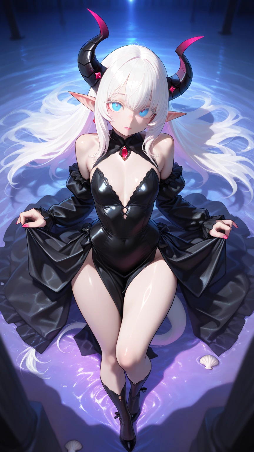 masterpiece, extra limbs,(1vampire child),light silver extremely long hair, slant eyes blank red eyes, flat chest small nipples small  areolas,pale white skin athlete skinny body,sullen,spread legs, sitthing,(((clothed micro mini dress))),sitting on bed,Haunted Castle,midnight