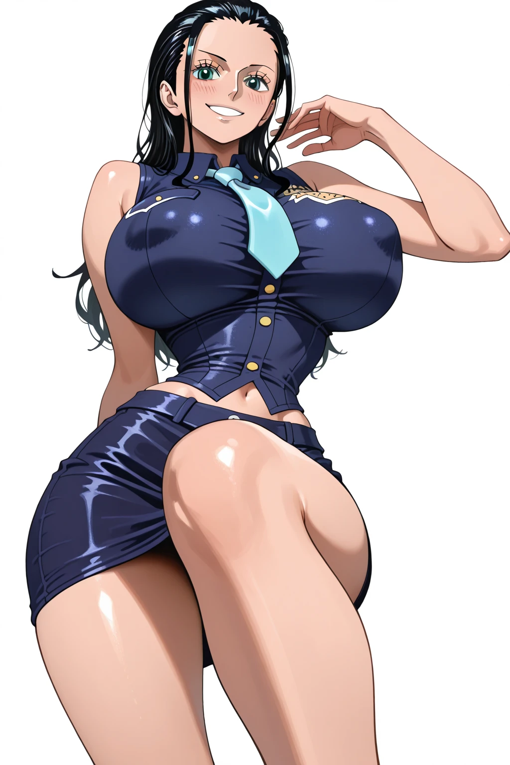 Taimanin Asagi、Asagi Igawa、Black Hair、Eyes are green、Long Hair、Huge breasts、open chested police officer、smile、skirt、Tucked up、lingerie、BLEACH WIND