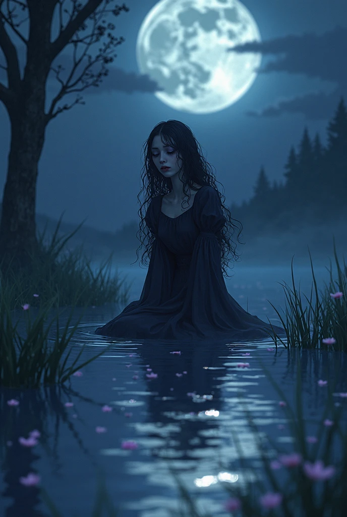 masterpiece, best-quality, realistic, detailed, dramatic light, horror art, gore, 1girl, Sadako, very long black hair, chubby body, huge large breasts, rotten gray-blue skin, wearing a white dress, coming out of a well, a haunted forest as background, naked with breasts on display