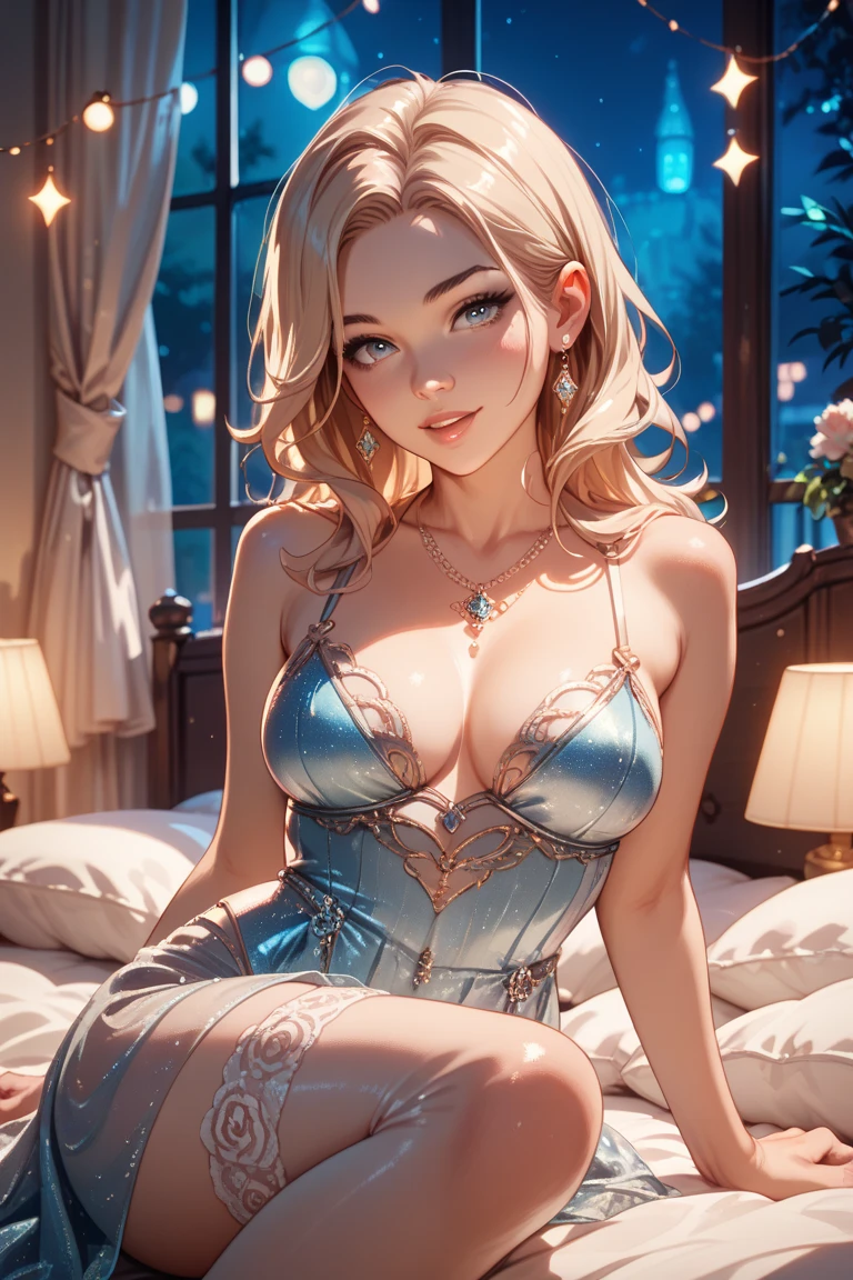 (Leica 10772 M-P, 85mm macro lens, F/8 aperture, film still), (RAW shooting, Photoreal:1.5, 8K, highest quality, masterpiece, ultra high resolution), bed room, Highly detailed skin and facial textures:1.2, Japanese girl, 22 years old, wavy hair, Fair skin, white skin, Emphasize the cleavage, super short cut hair, (blond hair:1.3), (blue dress:1.3), (rain drips all over my body:1.2, wet body:1.4, wet blond hair:1.3), grin, squinting dazzlingly, milk, milky white, beautiful brown eyes, Eyes that feel beautiful eros, (sweat like a pig:1.3), colossal , cowgirl position, open legs, on bed, smile, prinzzess