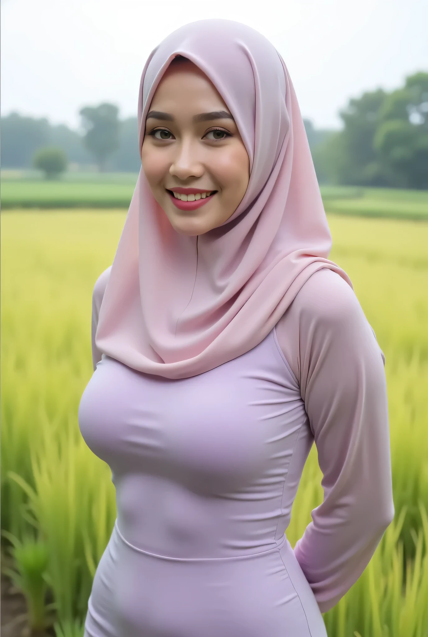 adorable, 1 girl, (face to face), 10 years old, baby face, happy, half body portrait, (face details: 1), (eye details: 1), ((big breasts)). wearing transparent softblue long shirt, hijab, .. Cute posed. proportional body. Ultra High Res. realistic: 1.4, UHD, (floral pattern)