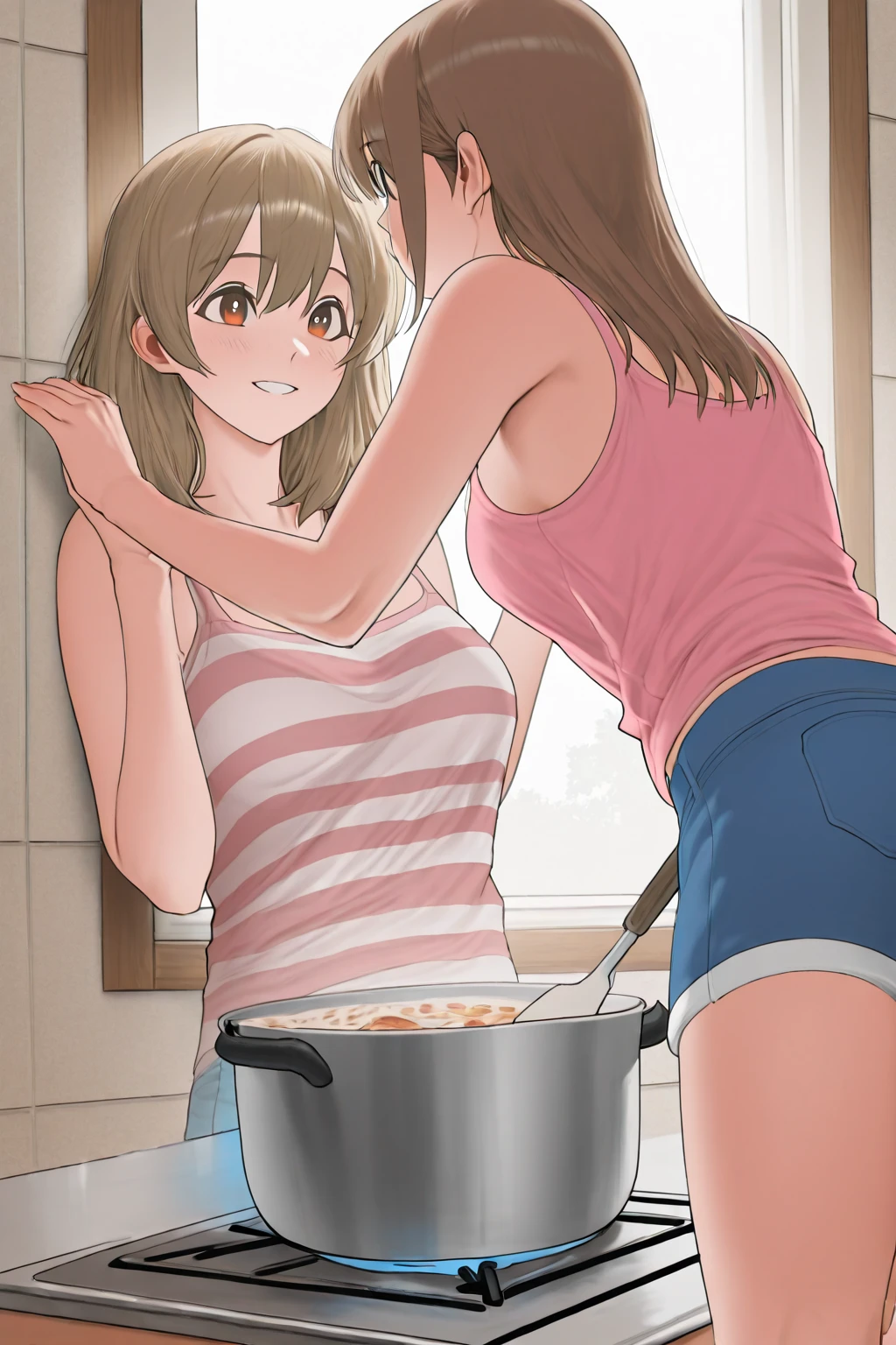 very sexy girl, long straight brown hair, colorful earrings, big square glasses, naked, in the kitchen, small breasts, adorable, smiles, has sex with two guys, pussy penetration, blowjob, semen, oil painting, chiaroscuro, sensual and dramatic lighting, melancholic atmosphere, photorealistic, full of semen, art inspired by Bill Sienkiewicz