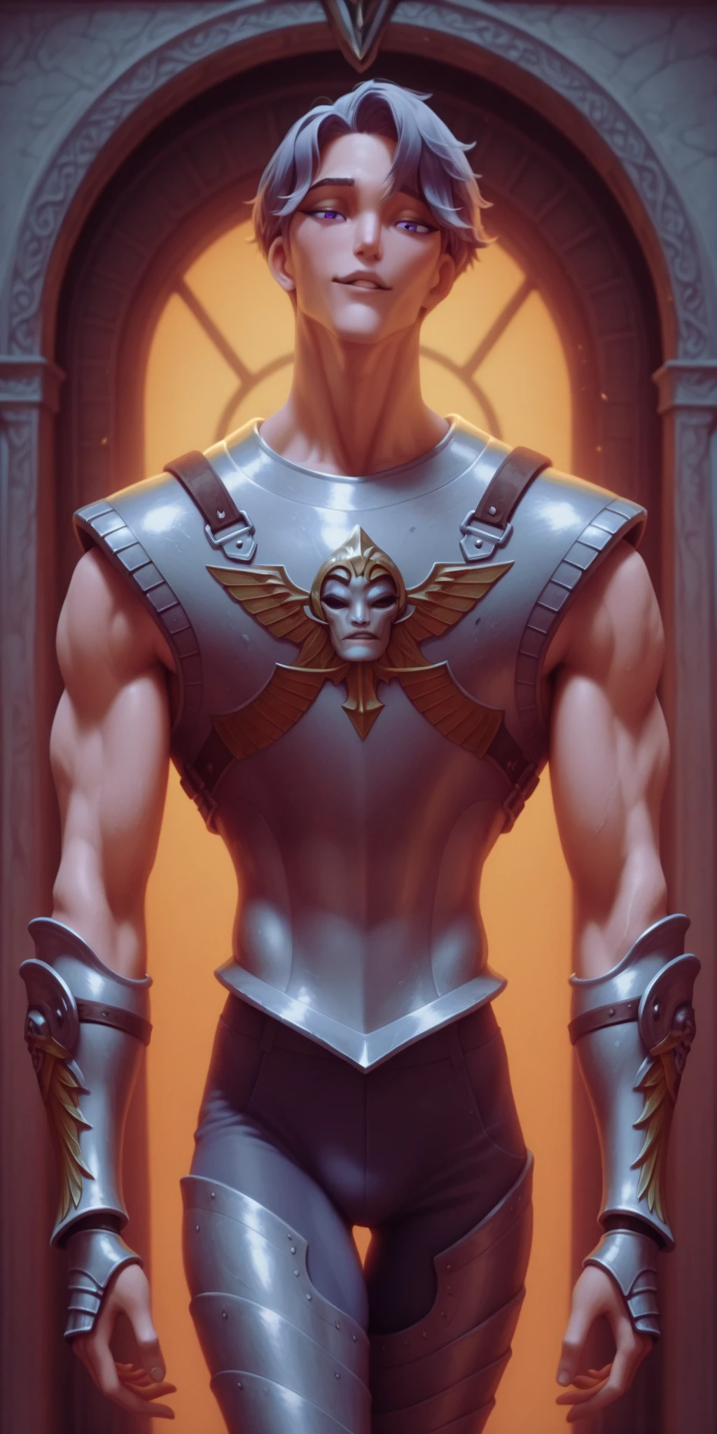 (masterpiece:1.2, best quality:1.2, extremely delicate:1.2), ((male:1.5)), a man with spiky short orange-red hair, side-parted bangs, a calm gaze, a faint smile, a mature and handsome face, dark skin, a tall and muscular build, a bare upper body, several strips of leather armor wrapped around his left shoulder and chest, wrist guards, loose beige cargo pants, standing in a massive circular arena, this character embodies a finely crafted fantasy-realist style gladiator in anime style, exquisite and mature manga art style, dramatic, high definition, highres, ultra-detailed, ultra-fine painting, professional, perfect body proportions, golden ratio, anatomically correct, symmetrical face, extremely detailed eyes and face, high quality eyes, creativity, RAW photo, UHD, 32k, Natural light, cinematic lighting, (masterpiece-anatomy-perfect:1.2)