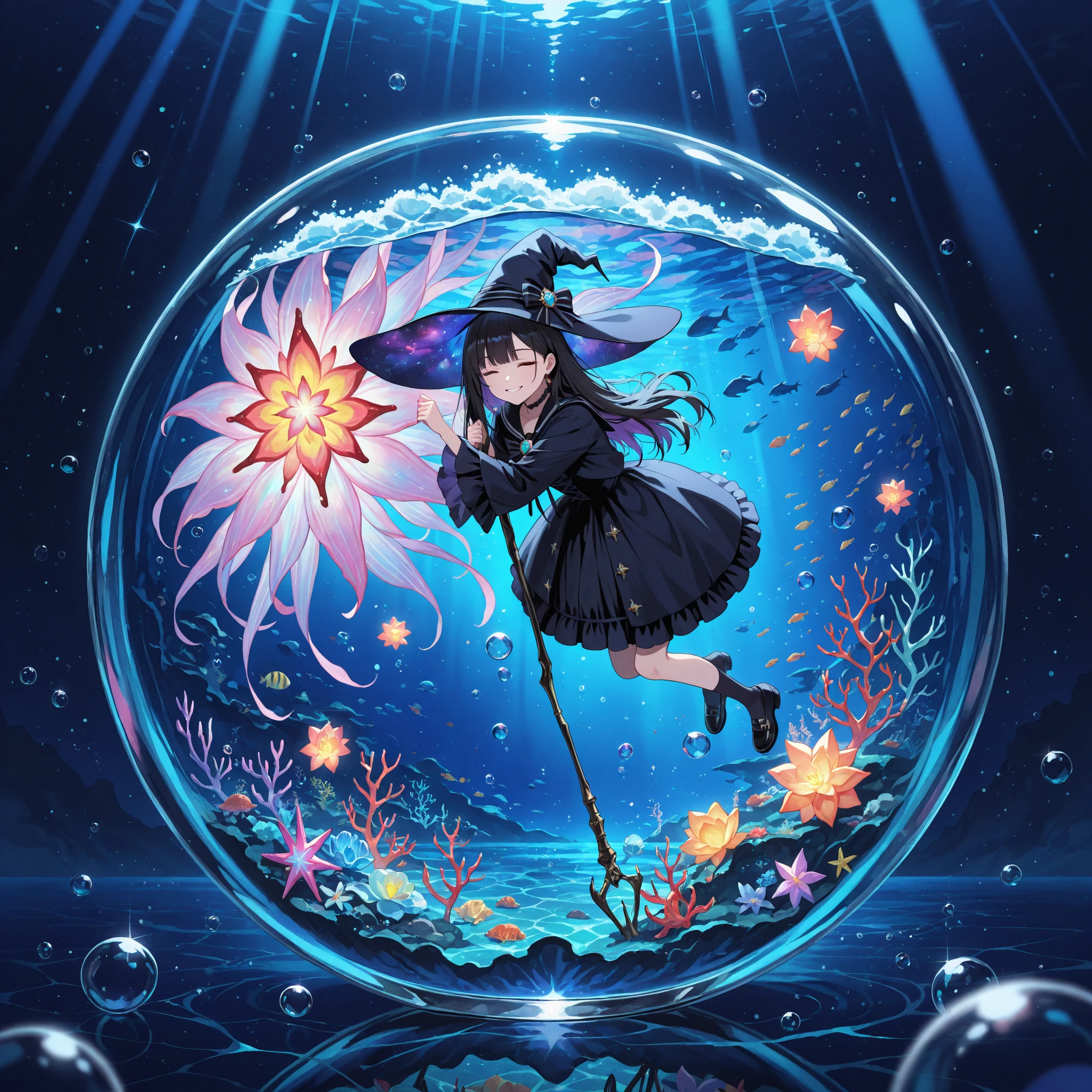 (masutepiece, Best Quality),((Flat color)), 1 girl , Witch Girl, pixiv style, Detailed beautiful eyes, Small , Smile , Floating colorful water, Dynamic, water painting