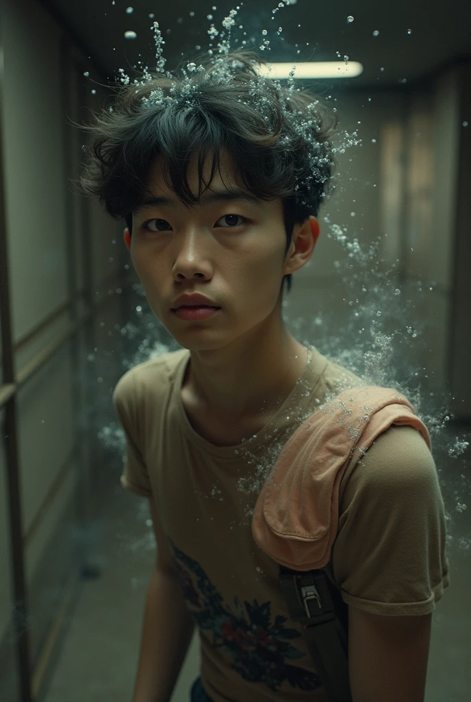 Movie Phot7oshoot of, from ceiling above, color cctv footage, hiddencamera,four different shots of an oblivious Jungkook using shower, standing looking down, washings legs. Soapy chest.
Holding on penis him, Soapywilly short hair