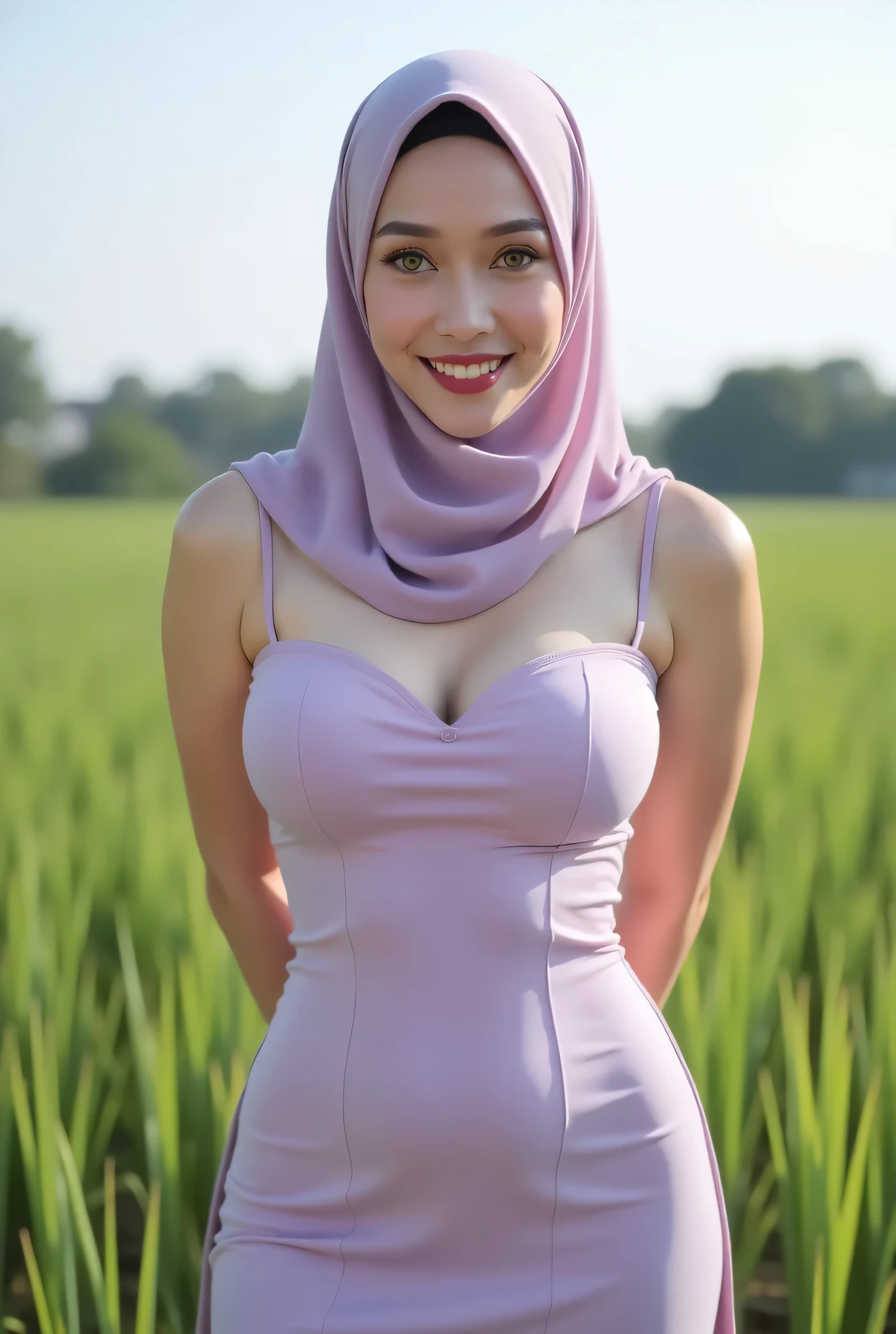 wear translucent (periwinkle) PALAZZO closed my center , (pastel translucent  periwinkle strapless), BOTH HANDS PLACED BEHIND THE BACK,  Large sagging breasts, (Saggy Breasts:3.24),  Skinny pink hijab skinny hijab skinny hijab skinny hijab, ( photorealistic :1.6) Indonesian hijab skinny dry aunty wear bra and background rice paddy. daytime atmosphere, (Spread wide legs:3.33), my face is so happy  
