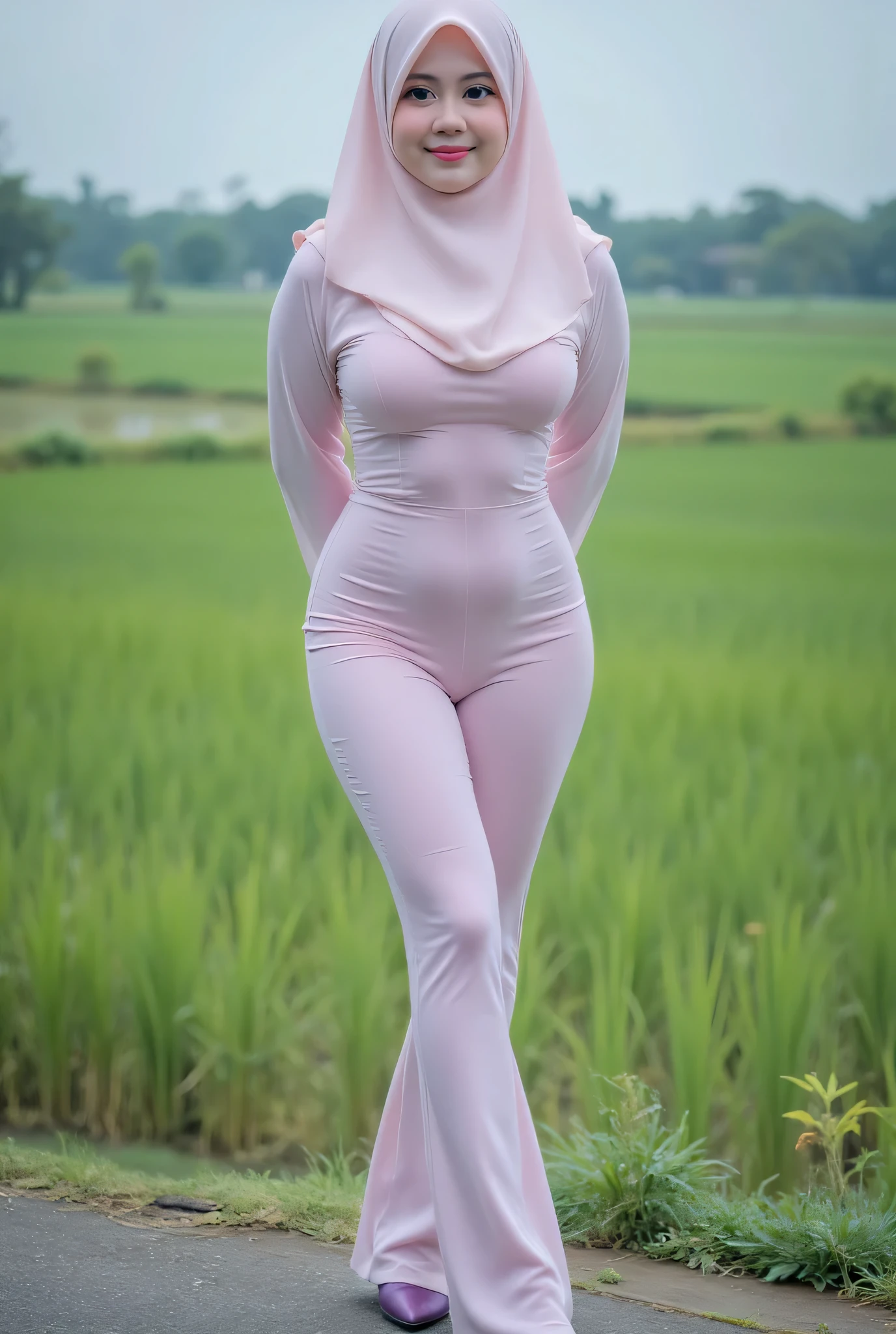 Rubber G-String look, wear a pastel translucent (periwinkle) PALAZZO leggings bootcut closed my center , (pastel translucent  periwinkle strapless), BOTH HANDS PLACED BEHIND THE BACK,  Large sagging breasts, (Saggy Breasts:3.24),  Skinny pink hijab skinny hijab skinny hijab skinny hijab, ( photorealistic :1.6) Indonesian hijab skinny dry aunty  and background rice paddy. daytime atmosphere, (Spread wide legs:3.33) PURPLE HIGHHEELS 