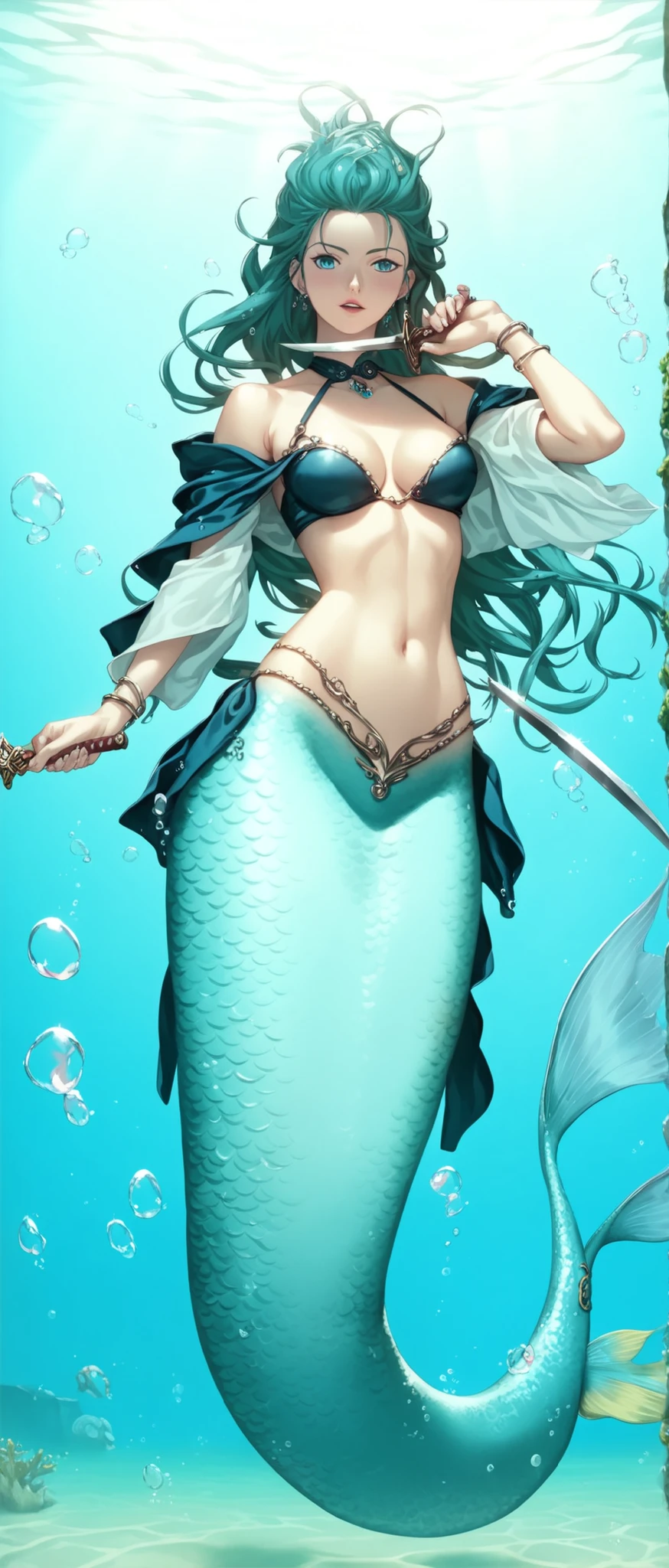 score_9, score_8_up, score_7_up, score_6_up, score_5_up, score_4_up, source_anime,source_furry,rating_safe,rating_questionable,masterpiece, best quality, perfect anatomy , very aesthetic , absurdres , BREAK ,solo,1girl\((shark mermaid:1.3),cute, jagged sharp teeth, large mouth, sucking fish, scarred face, scarred body, muscular, dorsal fin at back, large black eyes, (large pupils:1.3),shark eye, (gray skin:1.1), shark skin, (evil smile),(combed-back hair), motion blur, string bikini\), BREAK ,background(\under the sea, (bloody:1.3)\),dynamic action,(dynamic pose),(dynamic angle),fighting stance,long shot