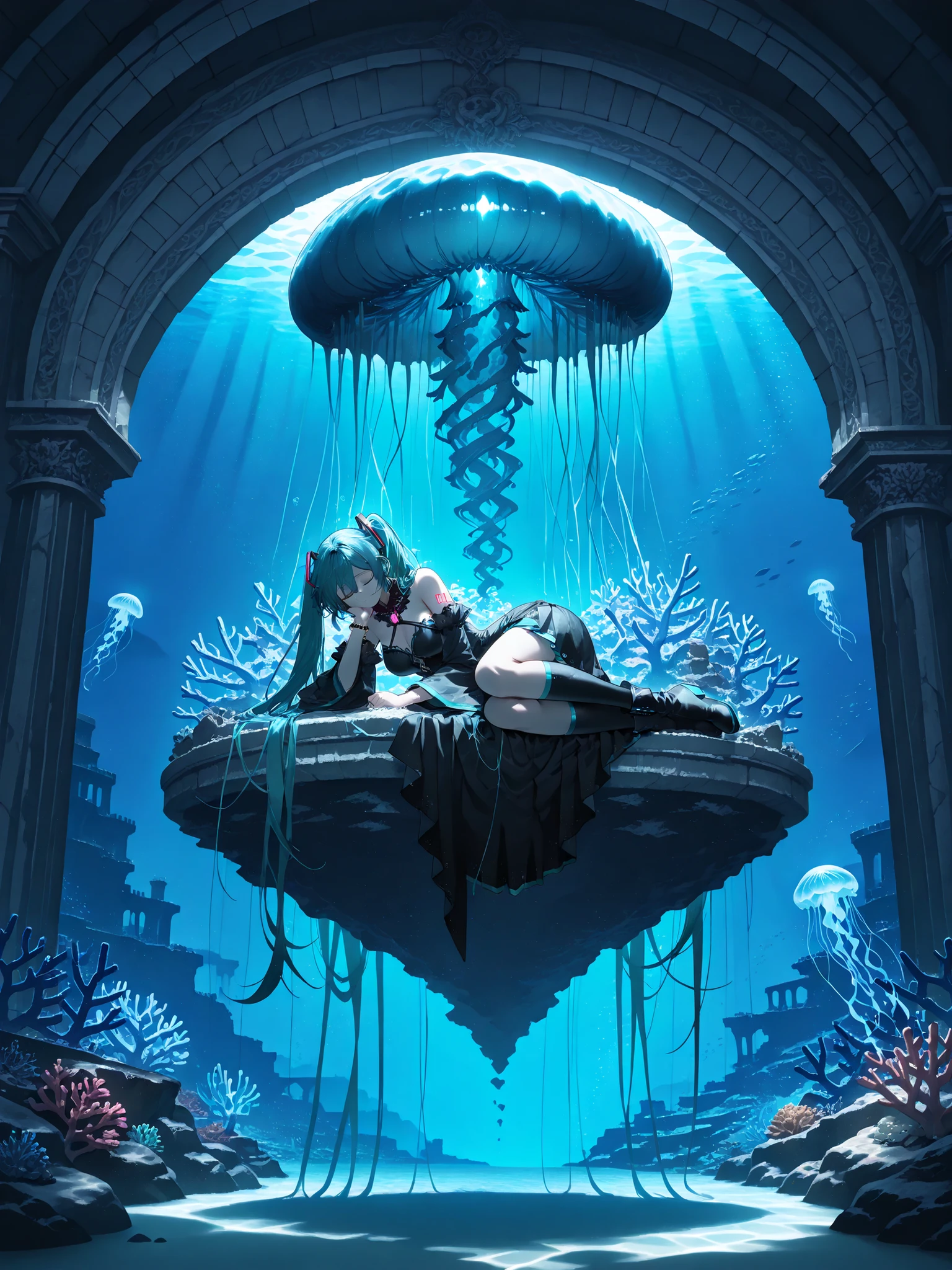 1 maiden,hatsune miku,
aquamarine eyes, beautiful eyes, aquamarine double tails, shiny hair, without makeup., detailed face,
witch, meditating in the throne room of an underwater castle,
closed eyes, peaceful facial expression,
lying on a coral throne,
put on a witch costume ,robe, embroidered with gold thread, Pearl jewelry ,
black knee-high socks, black ankle boots,
full height,
dramatic composition,
mysterious underwater city, ancient ruins, the interior of an underwater city, (magical glowing crystals), ancient sculptures,
Coral jewelry,(Grows),
mysterious blue light, mysterious atmosphere,
background,
large windows, deep sea landscape,
(glowing blue jellyfish, glow),
silhouettes of deep sea creatures,
(mysterious rays of light, glow),
crossing blue-green rays,
The deep blue gradient,
calm atmosphere,
dim lighting, Soft light,
masterpiece, best quality,amazing quality, Highest resolution,Ultra-detailed,super detailed, extremely detailed digital painting,
perfect anatomy, detailed clothing,detailed skin texture,Very aesthetic, newest, bright, high contrast, artistic,(Grows:1.2),PEAnimeBG,anime,landscape,