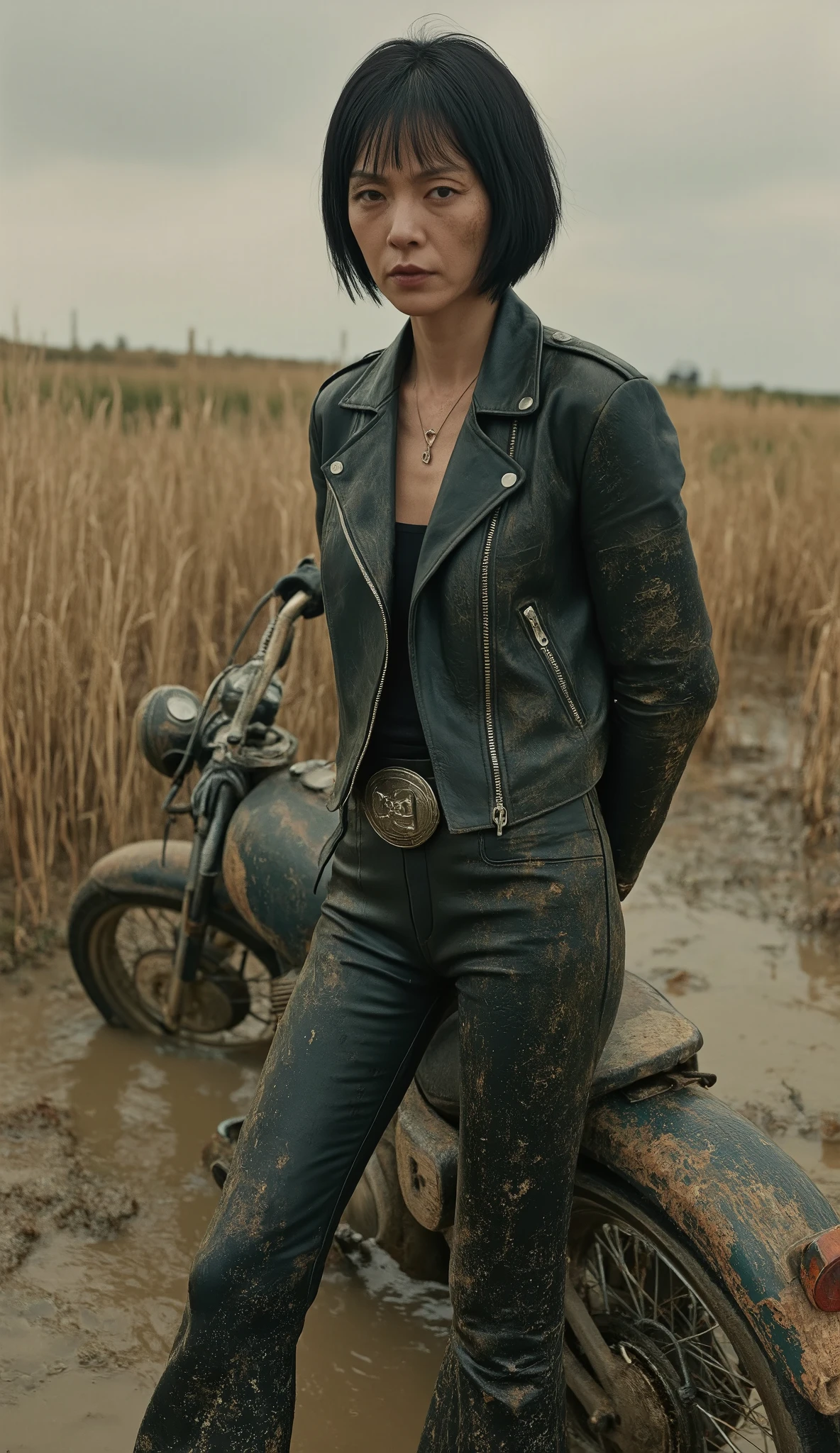 art portrait, ugly mature mom over 30. faded, wheels stuck in viscous mud, muddy vegetation, dirt, black bob haircut. dirty dirty leather biker jacket and leather biker tight flared pants. Lust-worn ,reeds, dirty duckweed vegetation, strong bags under his eyes, Lace shirt, moody lighting , sandy, dystopian, dark fantasy, harsh black night environment, Muddy Terrain, dark atmosphere, sharp shadows, cinematic shot, Ultra-detailed, 8 k, HDR, photorealistic, masterpiece, hands hidden behind