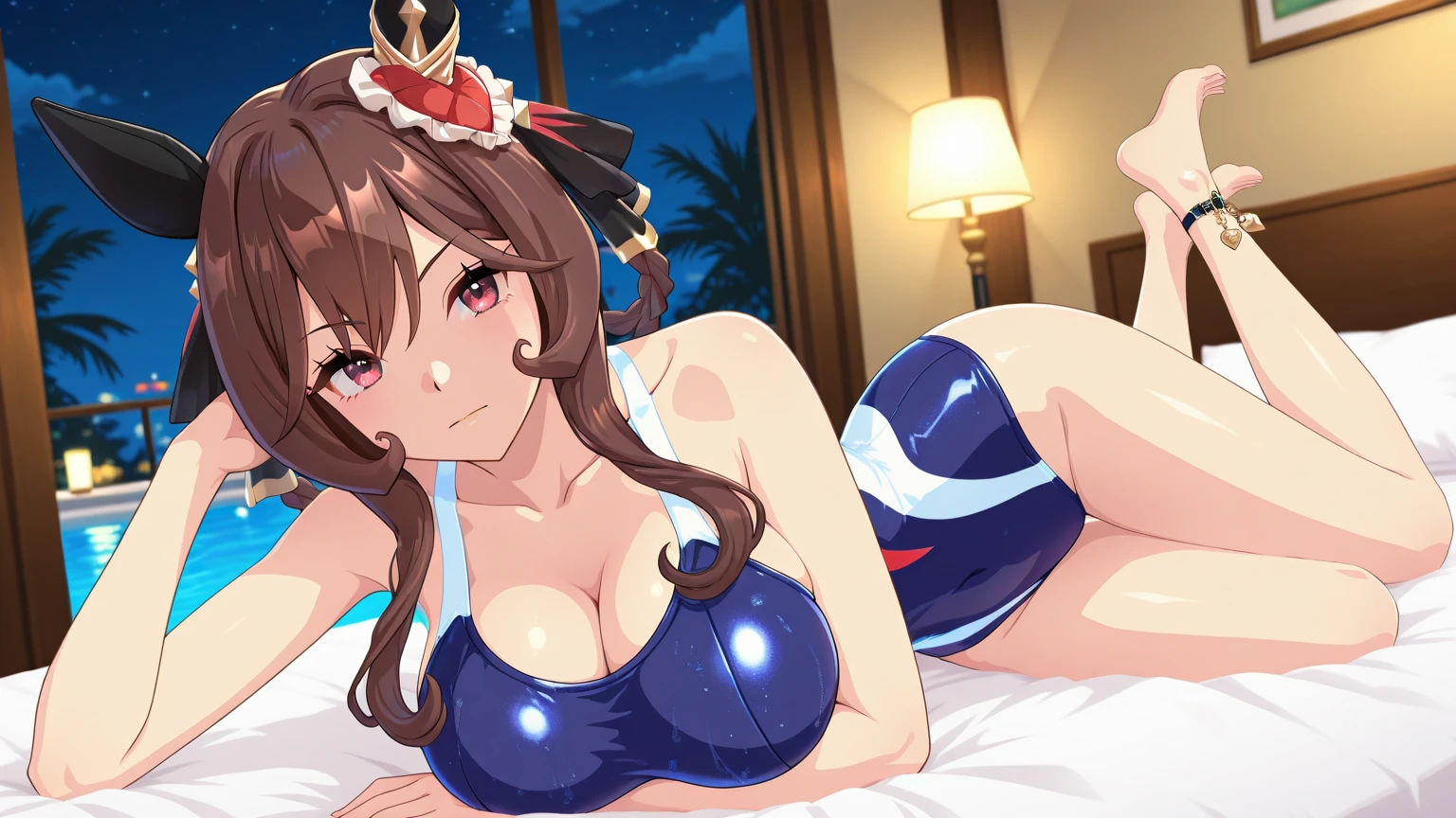 Highest quality, masterpiece, figure, wallpaper,One girl, Light Hair, Beautiful detailed girl, Highly detailed eyes and face, Beautiful attention to detail, Shine,Browsing Caution, View your viewers, evening, , Straight hair, Red Eyes, Bob Hair,Beautiful brown hair, Thighs, Large Breasts, Red eyes,beautiful finger, clear background, deep night、Big earrings、bracelet、Gal、summer、Ocean、Are standing,　Swimwear、Feeling sluggish