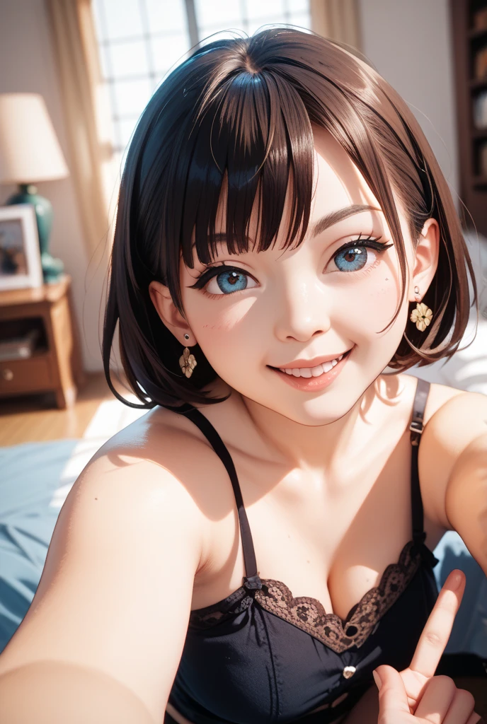 Selfie to send to your lover ,Upper Body Shot、 Beautiful 19-year-old Japanese woman , 笑face , Detailed skin、face、eye , Natural light , Home Background , short hair、Black Hair、Wearing a yellow silk camisole , Film Grain, Low contrast, 自然なface , blush:2.0、Very large breasts、Cleavage、Fair skin、Touch my breasts、Plump
