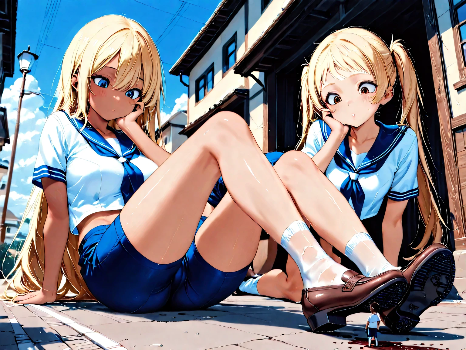 girl、High school girl naked from the waist down、High school girl uniform on the upper body, squat、sit、Viewer-facing、17 years old、Pissing、Pee、(blush:0.8)、exposed female genitals、alley