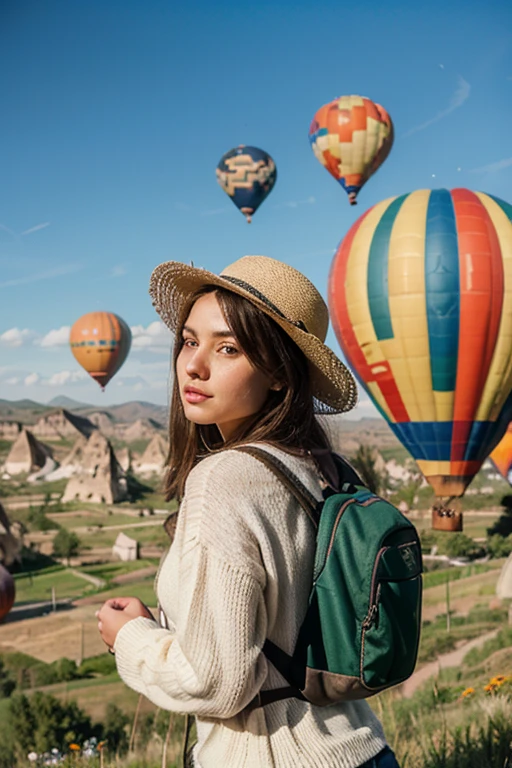 make a woman 25 to 35 years old. Redhead with long hair and formal flying in the sky in a balloon in Cappadocia
