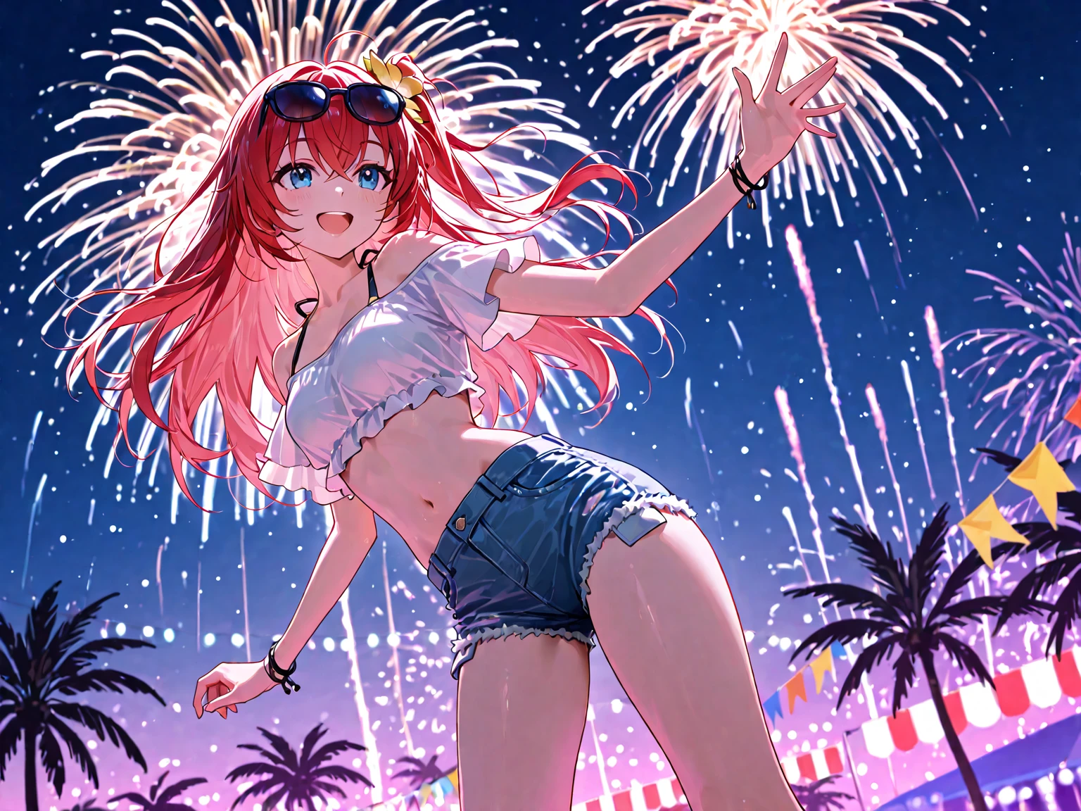 +sparkle+ 1_girlsolo, anime girl, long red hair, short bangs, baseball cap, red booty shorts, headphones, silver jacket,DJ turntable set,club lighting,stage,confetti,dancing,smiling,putting records on turntable,(best quality:1.2),(ultra-detailed:1.2),(realistic:1.37),HDR,vivid colors,portraits,shorts,jacketed figure,headphone girl,colorful lights,stage set,confetti raining,joyful expression,playing vinyl records,turntable setup,anime style, atmosphere,techno music,electronic dance music,festival vibes,hip hop beats,festival outfit,energetic dance moves,expressive eyes,hairstyle with vibrant colors,neon lights,beaming smile,positive vibes,high-energy performance,stylized backgrounds,colorful visuals,excitement in the air, dancing, nyan-nyan dance, fireworks in background, kneeling