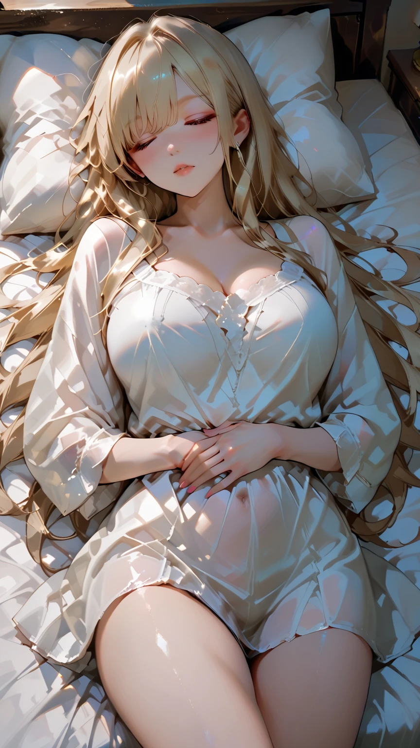 1girl, blue eyes, white hair, long hair, ponytail, pink long bridal, jewelry, hair ornament, large breasts, cleavage, hair flower, ;o, one eyes closed, arm up, arm behind head, rose, lying, on bed