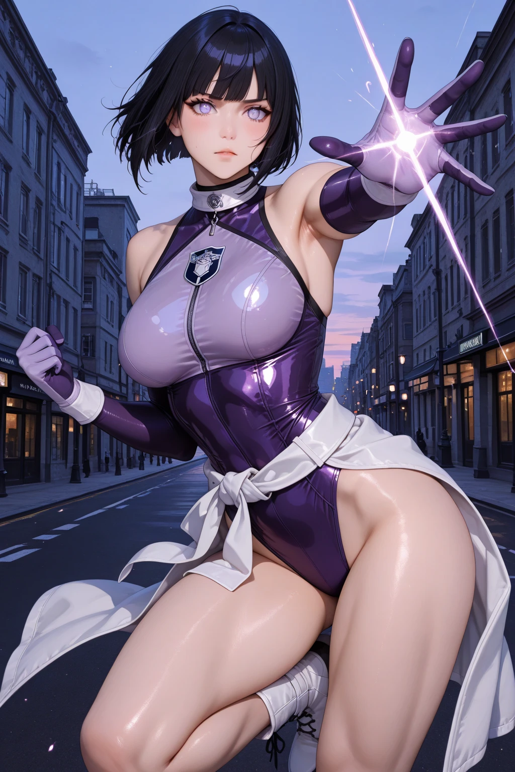 Beautiful sexy woman with purple short hair, plump young face, wearing black police cap, red tie, tight purple low cut jumpsuit, purple leather gloves, black leather boots, exposed shoulders and thighs, golden left hand The badge on the chest, which exudes a confident look, depicts anime style and is set in a stone prison.