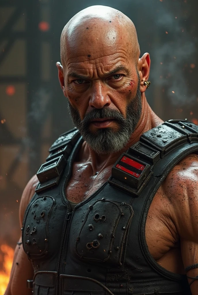 masterpiece, best quality, chuck norris, wearing cyberpunk costume, very muscular, athletic, huge, gray hair, gray hair, scars, warrior, barbarian, sfw, 55 years old, futuristic dystopia