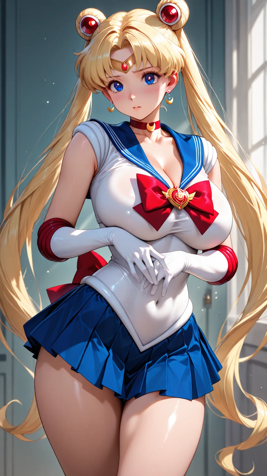 Sailor Moon, 35, is radiant in her iconic costume,  blonde long hair, double bun, twintails, parted bangs, tiara, earrings, blue eyes, red choker, blue sailor collar, red bow, white shirt, elbow gloves, white gloves, blue skirt and thigh high stocking with garter, high heel, striking a seductive pose that flaunts her huge, bra-less, covered breasts. Wearing a very short miniskirt , the full-body shot, taken from below, shows her figure provocatively and gives a glimpse of her covered crotch. Shot in full frame, the image exudes a powerful allure reminiscent of the legendary heroine's youthful charm.