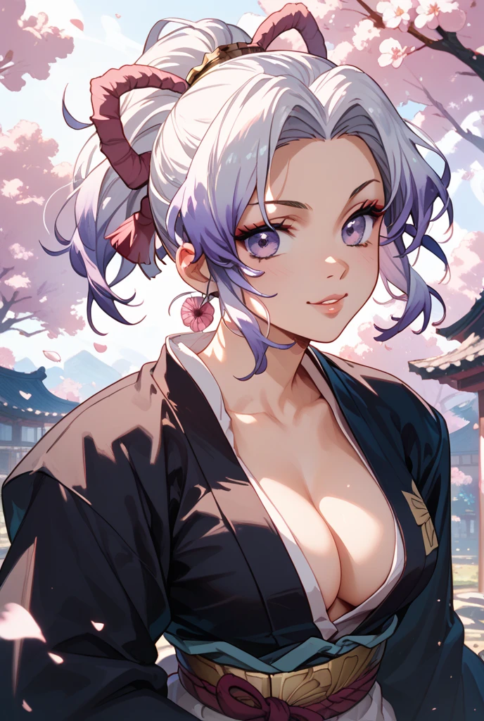 Perfect masterpiece, EXTREMELY DETAILED UNITY 8K UHD CG QUALITY RESOLUTION, CRU photo, photorrealistic, PERFECT PHOTOGENIC CLARITY, offcial art, award-winning portrait, offcial art, (cr33pyan1m3styl3, nasty, eyeballs, horor (theme):1.3) The most beautiful and sexy vampire goddess, oni horns, very long platinum white hair, vibrant red eyeballs, Long, detailed lashes, blushful, pink lips pouting, curvy body type, full hips, Super huge enormously gigantic boobs, cleavage showing, gigantic explosion of her kimono, tons of tattoos and piercings, wearing the most beautiful and detailed hooded Harajuku-inspired kimono, arching her back in a sexy and seductive slutty pose, gazing at viewer, full - length portrait, cowboy shot, sexy facial expression, seductive and slutty, cherry blossoms blowing in the wind, dreamy atmospheric aesthetic background splashed with blood