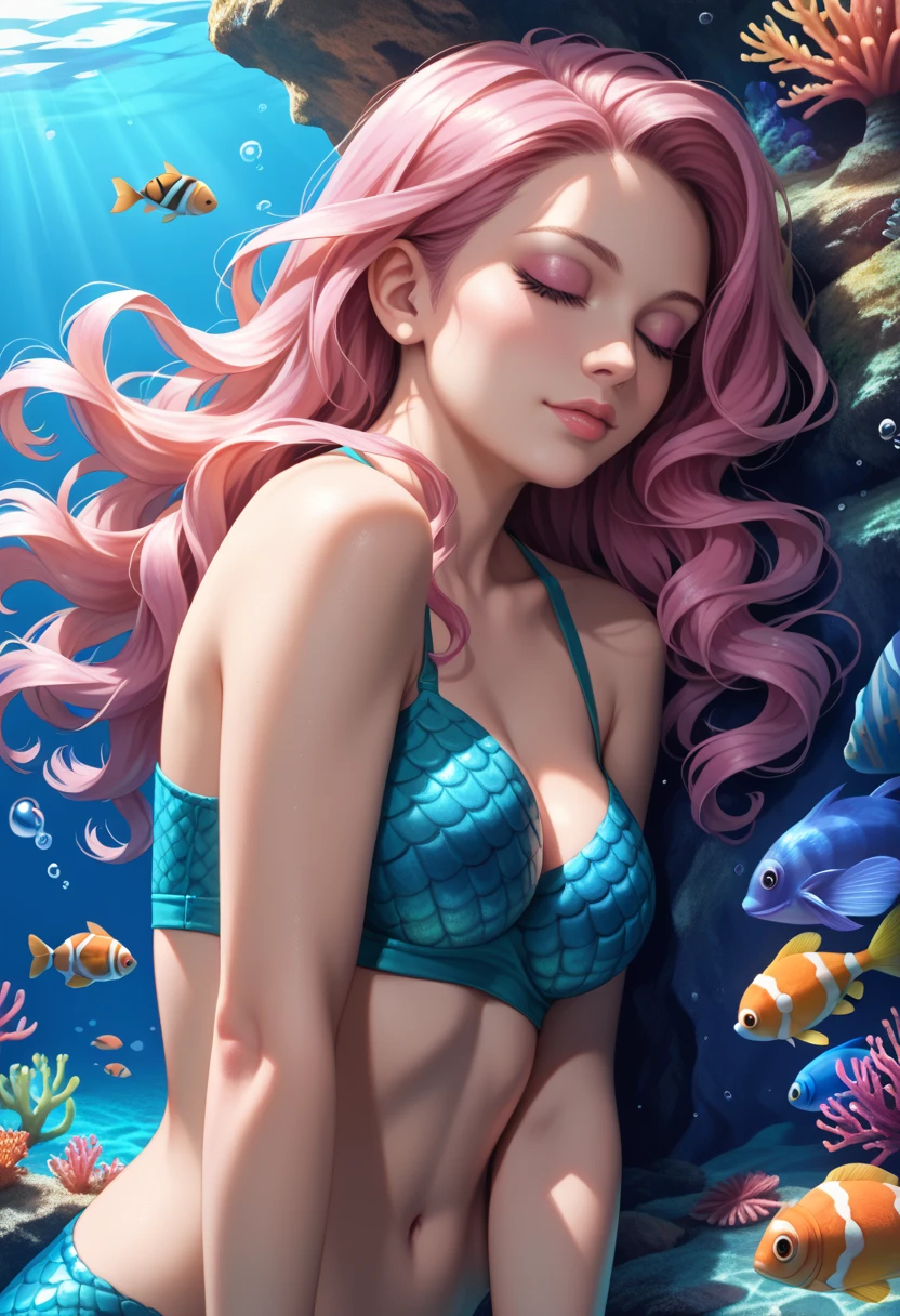 Arte conceitual da vida marinha, Paisagem submarina, vida marinha，Beautiful coral reefs come in different forms, ....3d，, peixe, Animated female digital illustration. Longos cabelos brancos espalhados no mar, deriva, Muito harmonioso. Toda a pintura adota um estilo de pintura imaginativo. Colors are bright and saturated, com bolhas de agua e com linhas suaves. The mystery and beauty of the ocean, The painting depicts an underwater world full of life and vitality, Papel de parede animado 8 K, ..3d