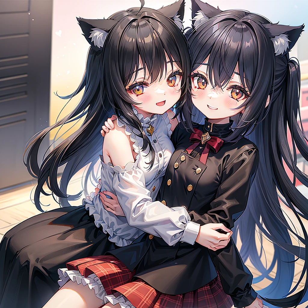 (RAW Photo, Photorealistic: 1.9), 40 year old women couple hugging in front of a window with a curtain, twintails, two beautiful anime girls, anime girl with cat ears, anime moe artstyle, black hair black cat ears, wlop and sakimichan, anime girls, ecchi anime style, in anime style, nixeu and sakimichan, from girls frontline, anime style 4 k