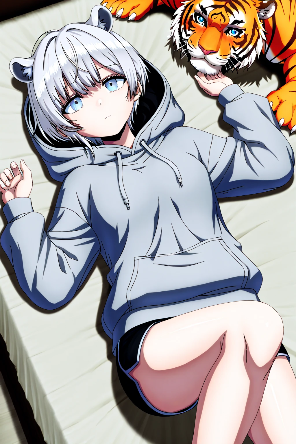 (masterpiece, 4k, best quality, highly detailed, 1girl, solo, small breasts, looking at viewer, knees together, expressionless), blush, grey hair, blue eyes, long hair, (black hairband:1.2), (hair ribbon:1.2), black ribbon, Shirogane Kei (Kaguya-sama), <lora:chara_Kaguya-samaWaKokurasetai_ShiroganeKei_v1:0.8>, animal onesie, onesie, on bed, open clothes, navel, collarbone, hood up, <lora:OnesiePJs:1>