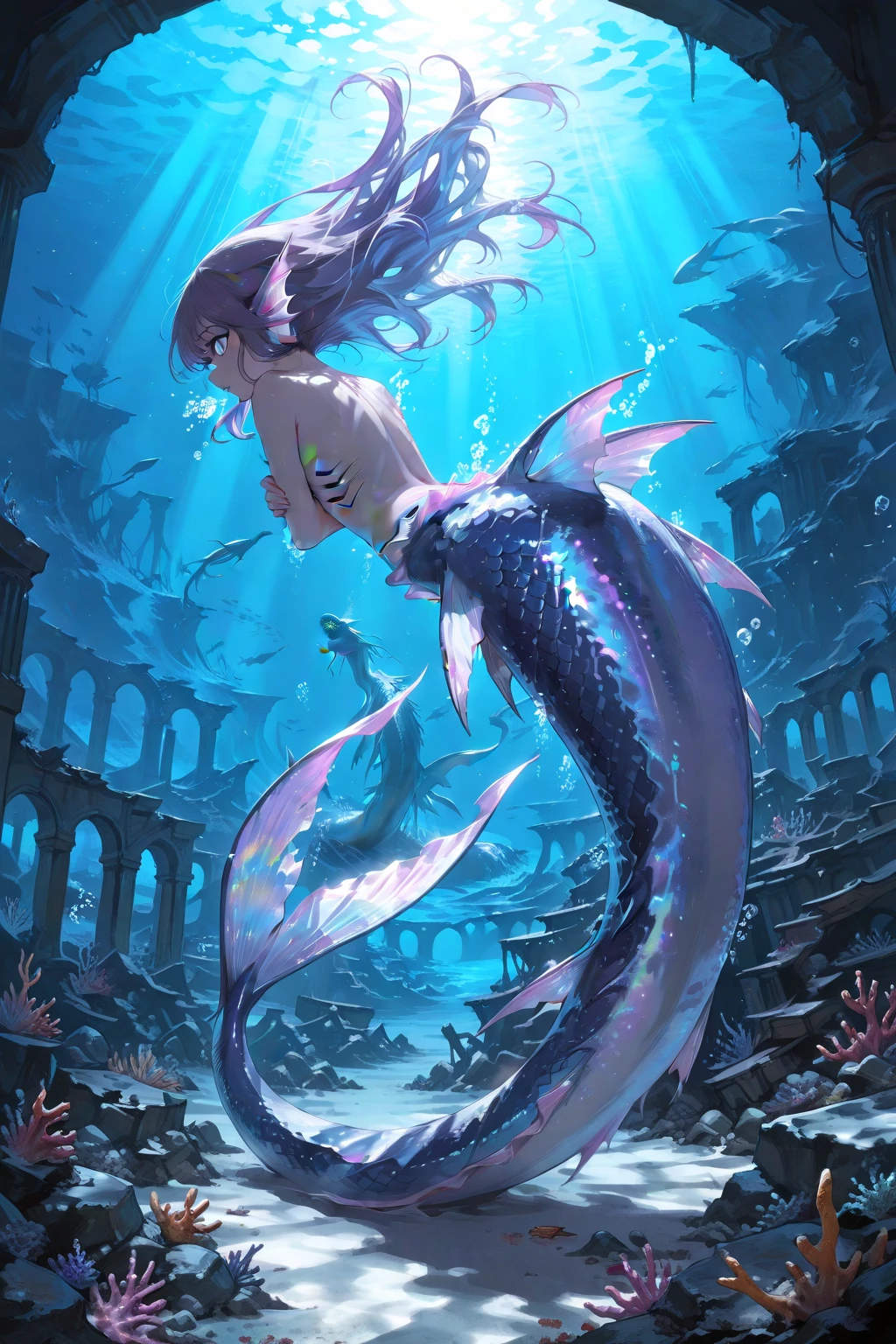 1girl, mermaid, swimming into side passage, inside ancient ocean monument. (Masterpiece: 1.2) (Best quality: 1.3)