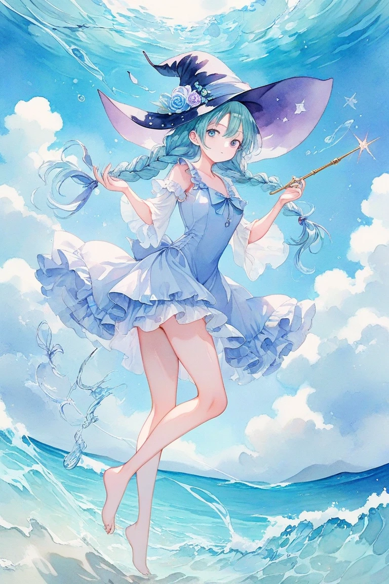 hyper cute shota,light blue witch hat,light blue loose long hair,
tank-top-bikini,glitter sunshine,