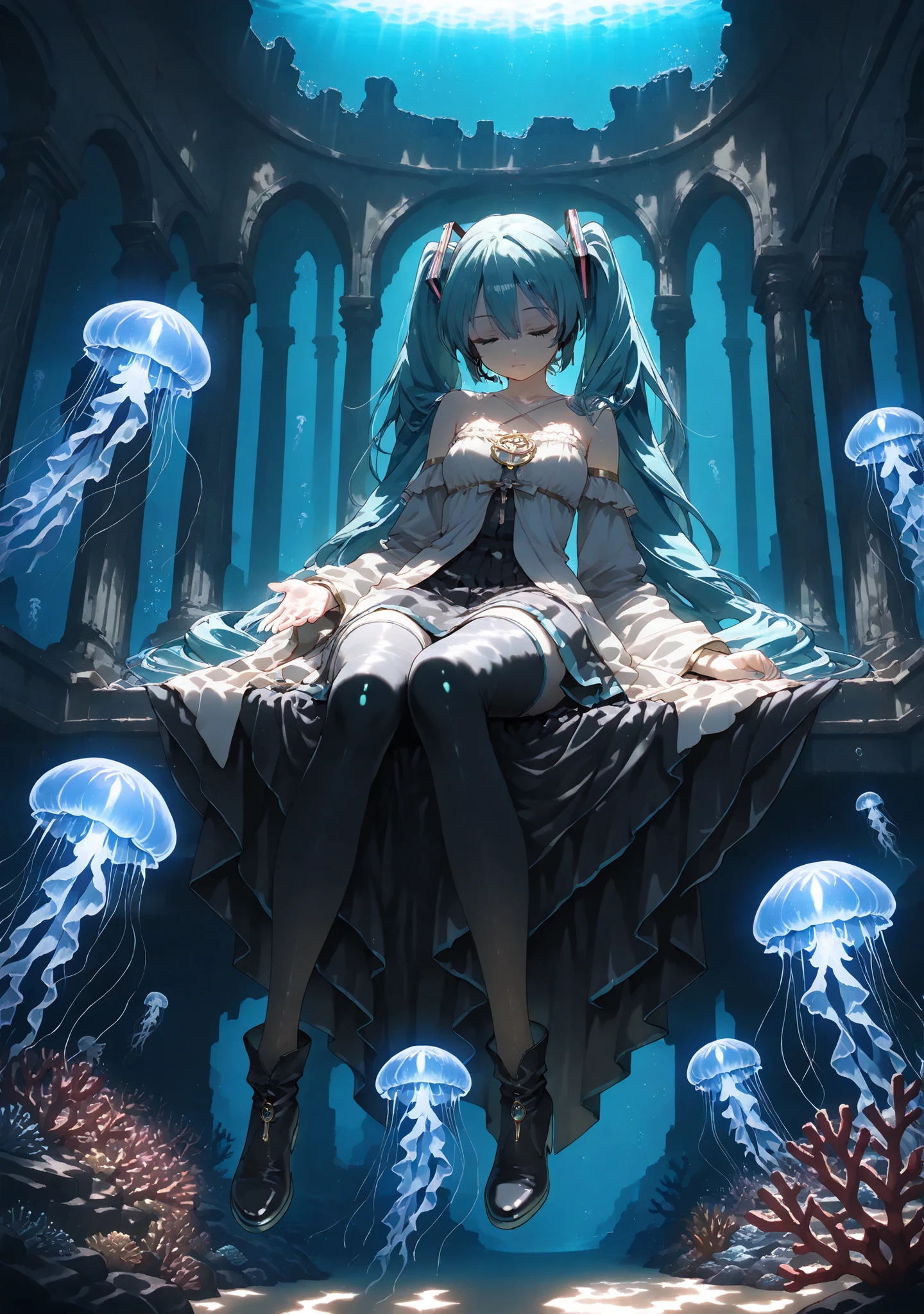 1 maiden,hatsune miku,
aquamarine eyes, beautiful eyes, aquamarine double tails, shiny hair, without makeup., detailed face,
witch, meditating in the throne room of an underwater castle,
closed eyes, peaceful facial expression,
lying on a coral throne,
put on a witch costume ,robe, embroidered with gold thread, Pearl jewelry ,
black knee-high socks, black ankle boots,
full height,
dramatic composition,
mysterious underwater city, ancient ruins, the interior of an underwater city, (magical glowing crystals), ancient sculptures,
Coral jewelry,(Grows),
mysterious blue light, mysterious atmosphere,
background,
large windows, deep sea landscape,
(glowing blue jellyfish, glow),
silhouettes of deep sea creatures,
(mysterious rays of light, glow),
crossing blue-green rays,
The deep blue gradient,
calm atmosphere,
dim lighting, Soft light,
masterpiece, best quality,amazing quality, Highest resolution,Ultra-detailed,super detailed, extremely detailed digital painting,
perfect anatomy, detailed clothing,detailed skin texture,Very aesthetic, newest, bright, high contrast, artistic,(Grows:1.2),PEAnimeBG,anime,landscape,