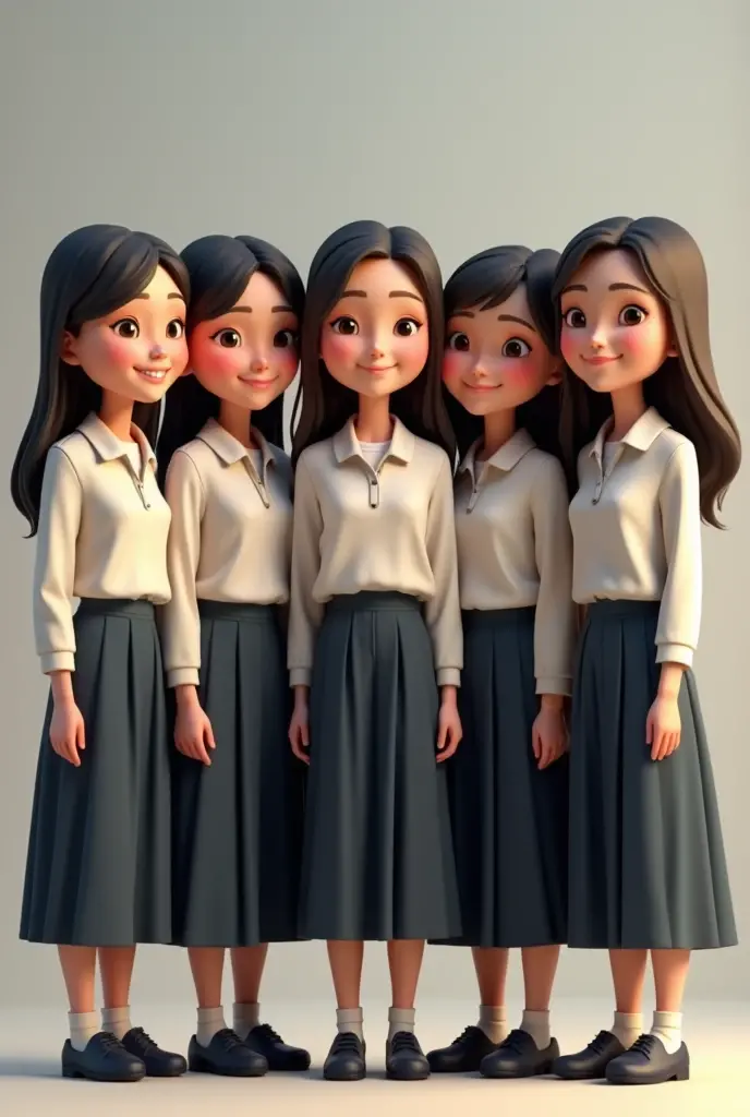 Create a realistic 3D animation featuring a group of 17-year-old teenagers standing together. They are all wearing school uniforms that include long-sleeved shirts and long skirts. Each character has a normal body type and is displaying a friendly, enthusiastic expression, reflecting a sense of camaraderie and positive energy. The style should be realistic, with detailed attention to the school uniforms, their posture, and facial expressions.