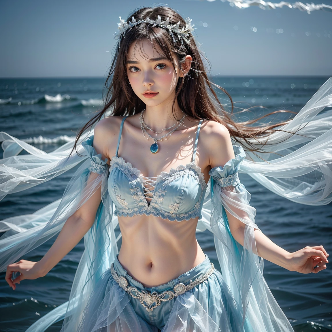(Best Quality, Masterpiece:1.4), (Realism:1.2), (Realisitc:1.2), (Absurdres:1.2), (photorealistic:1.3), 1girl,Realistic Skin,Solo,( Very Big Eyes,beautiful detailed eyes, symmetric eyes), (wet skin:1), long hair,(floating hair:1.2),(ulzzang6500V:1.2),(flameSurgeStyle:1), (open clothes,chest cutout:1.1),(plunging neckline,low neckline:1.1), (armlet,jewelry,necklace,earrings),(cowboy shot:1.3),[(thighs:1.6)::3], [(light blue background:1.5)::5],[(horizon,sky:1.6):10],(falling-petals:1.3), <lora:OrigamiHaloVeil1007:1>,(leaning forward,outfit-origami,veil,halo,navel,huge breasts:1.3),(red revealing clothes,underboob,high-low skirt,headgear,:1.3),