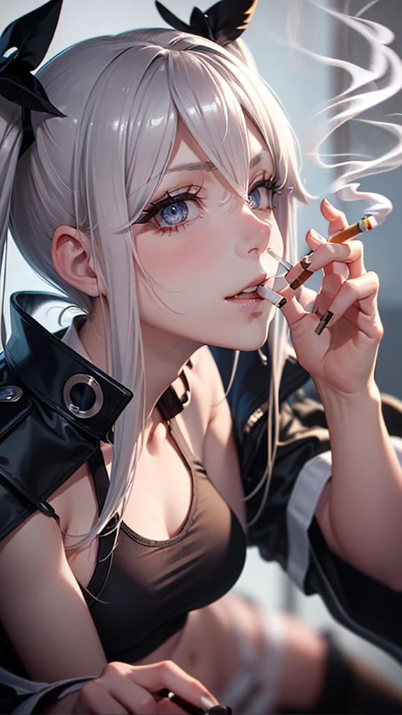 Cool women、sexy、Center of chest、Rize from Chainsaw Man、beauty、Yandere、、Face close-up、Kiss with your eyes closed、Chest tattoo、Get your gun ready?、Christian Dior Necklace、(Background white)、