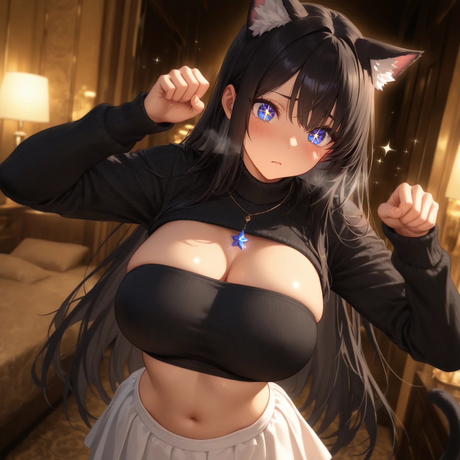 (masterpiece, best quality, detailed), 1girl, solo, looking at viewer <lora:dehya1-000008:1>  multicolored hair, black-gold hair, streaked hair, large breasts, very long hair, blue eyes, dark-skinned female, earrings, animal ears, underwear only, garter belt, lace, bra, cleavage, see-through, white shirt, open shirt, cameltoe, panties, <lora:infirmary_v0.1:1>, infirmary, curtains, hospital bed, arms behind back, parted lips, blush, embarrassed