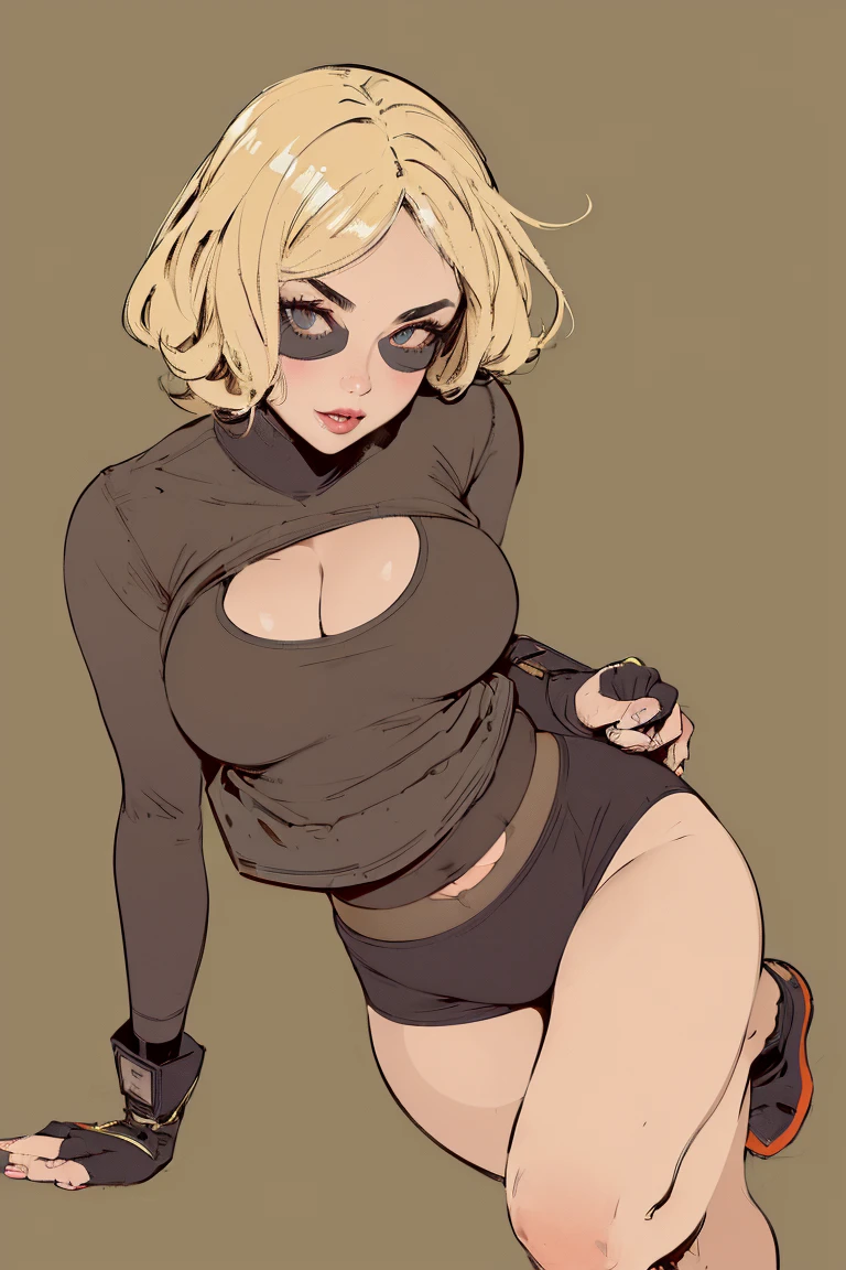 a small chested girl with muscular body,faint six pack,wide hips,thick thighs,blonde hair,green eyes,plain background,Gothic makeup,black hoodie,gym shorts,lip piercings,ear piercings,belly button piercing,nipple piercings,smiling,heavy blush,pigtails