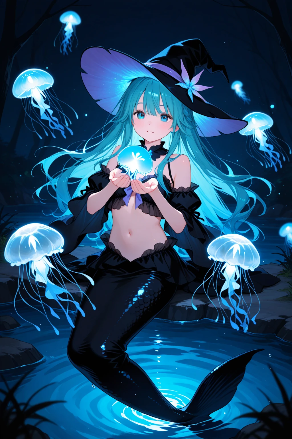 masterpiece, best quality, extremely detailed, anime, Two women, a witch, wearing wizard's hats, a mermaid, the lower half of her body is a fish, underwater, looking at each other,