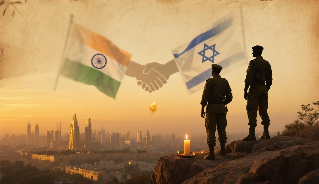 Create an image where an army stand up in an flag of India and a flag of Israel