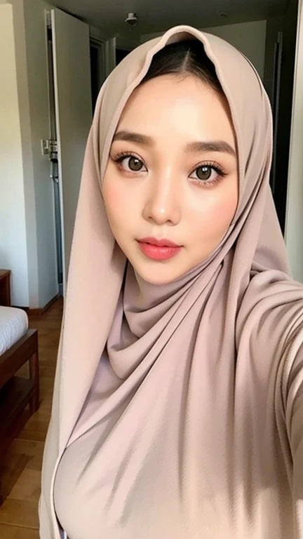 Selfie taken, See full body, luxury details, 8k, natural, realistic, amazing shots, ULTRA HD,
1 girl, 18 years old, smooth white face, white skin,smailing, big breasts, wearing a long white hijab covering the body, with decorations on the hijab, Muslim clothes for worship, beautiful face, beautiful black face, cute, curly eyelashes, beautiful eyes , sweet smile, sitting on the bed, Indonesian Muslim, realistic, atmosphere in the room,