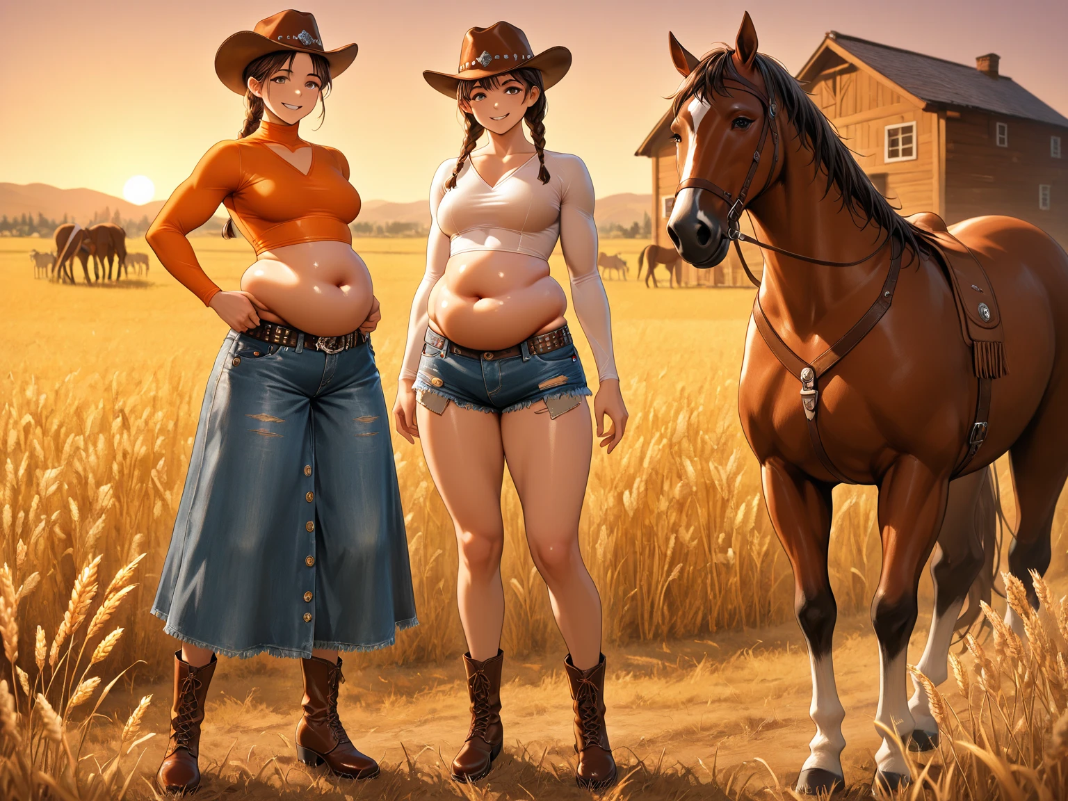 Bryce Dallas Howard, masterpiece quality, realistic, lots of detail, sunny day. at a farm, crops in background, barn in background, 1girk, solo, alone, (alone:1.5), long hair, wearing blue jean shorts, wearing red plaid shirt, wearing choker collar, midriff, bare belly, lots of cleavage, big breasts, thin body, sexy pose,