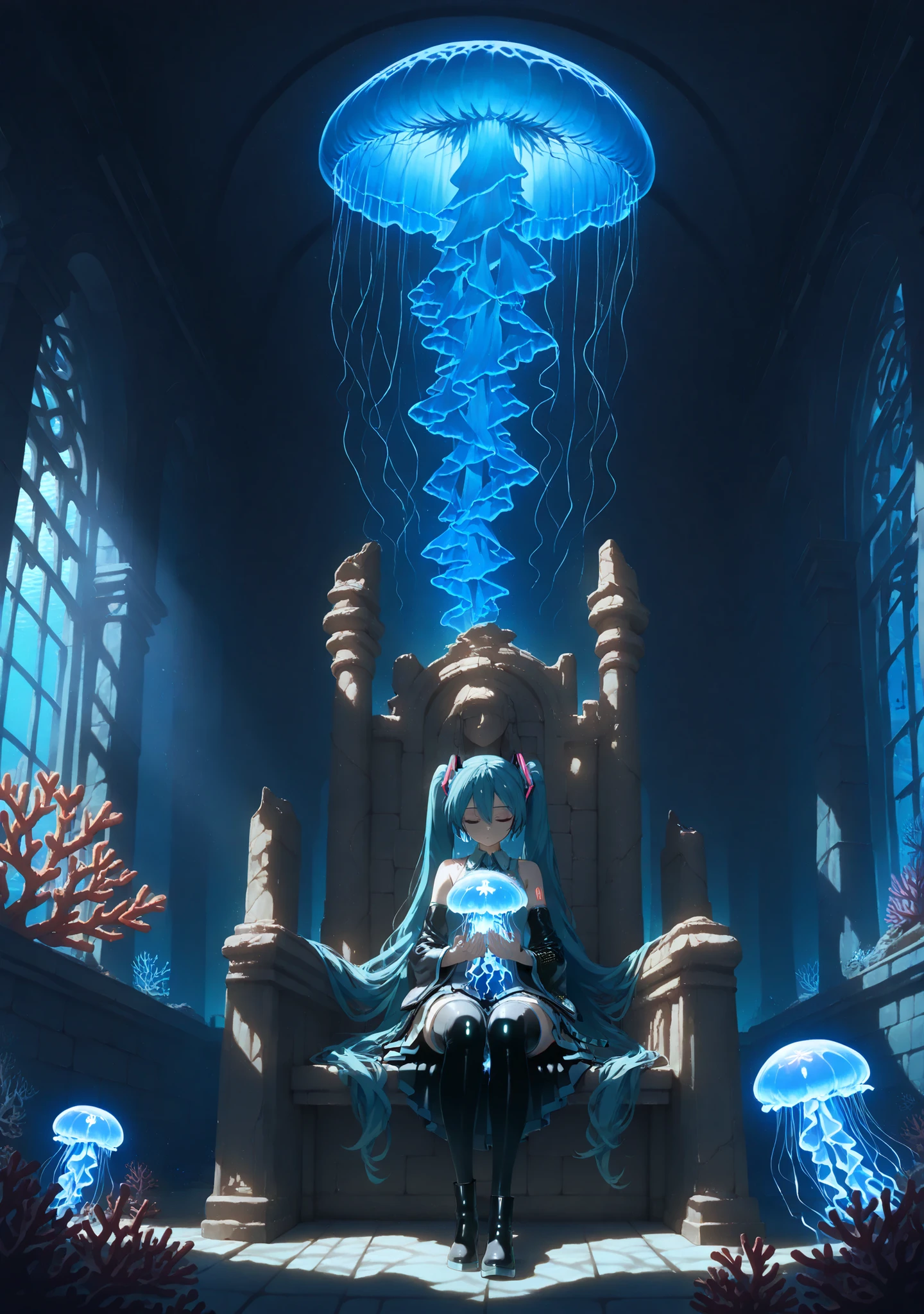 1 maiden,hatsune miku,
aquamarine eyes, beautiful eyes, aquamarine double tails, shiny hair, without makeup., detailed face,
witch, meditating in the throne room of an underwater castle,
closed eyes, peaceful facial expression,
lying on a coral throne,
put on a witch costume ,robe, embroidered with gold thread, Pearl jewelry ,
black knee-high socks, black ankle boots,
full height,
dramatic composition,
mysterious underwater city, ancient ruins, the interior of an underwater city, (magical glowing crystals), ancient sculptures,
Coral jewelry,(Grows),
mysterious blue light, mysterious atmosphere,
background,
large windows, deep sea landscape,
(glowing blue jellyfish, glow),
silhouettes of deep sea creatures,
(mysterious rays of light, glow),
crossing blue-green rays,
The deep blue gradient,
calm atmosphere,
dim lighting, Soft light,
masterpiece, best quality,amazing quality, Highest resolution,Ultra-detailed,super detailed, extremely detailed digital painting,
perfect anatomy, detailed clothing,detailed skin texture,Very aesthetic, newest, bright, high contrast, artistic,(Grows:1.2),PEAnimeBG,anime,landscape,