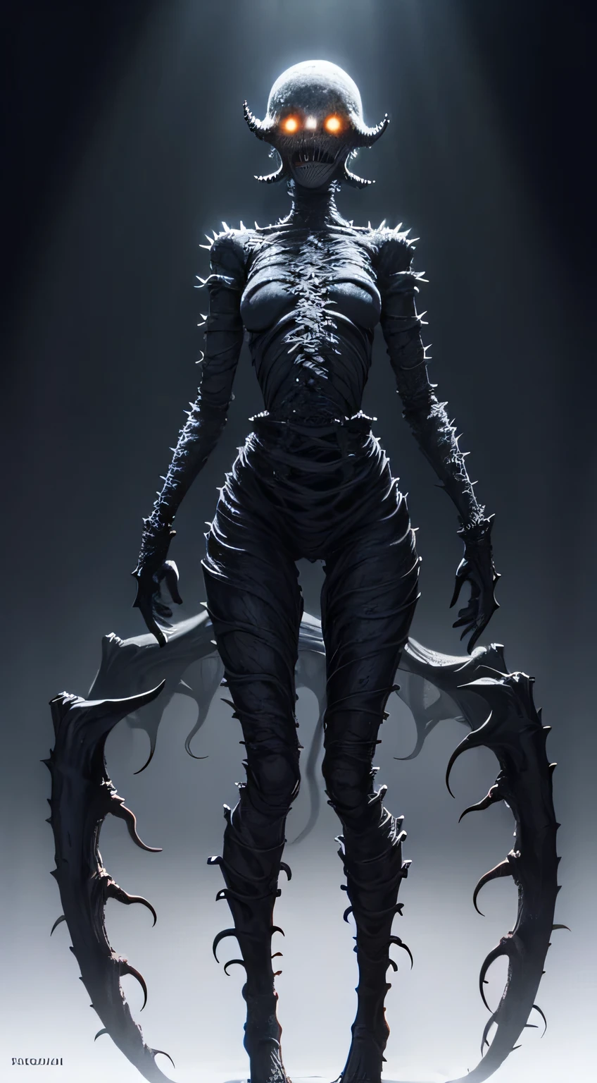 Masterpiece, Best Quality, 8K, Creepy Humanoid Monster, Long Skinny, Sharp Long Teeth, Many Teeth, Blood, Long Arms, Long Legs, Scary Eyes, Nightmare and Horror