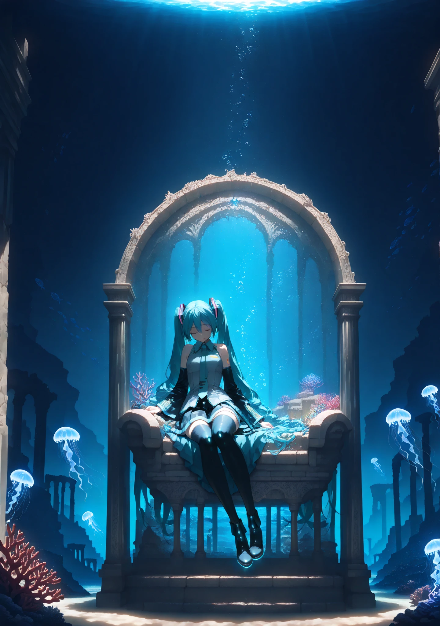1 maiden,hatsune miku,
aquamarine eyes, beautiful eyes, aquamarine double tails, shiny hair, without makeup., detailed face,
witch, meditating in the throne room of an underwater castle,
closed eyes, peaceful facial expression,
lying on a coral throne,
put on a witch costume ,robe, embroidered with gold thread, Pearl jewelry ,
black knee-high socks, black ankle boots,
full height,
dramatic composition,
mysterious underwater city, ancient ruins, the interior of an underwater city, (magical glowing crystals), ancient sculptures,
Coral jewelry,(Grows),
mysterious blue light, mysterious atmosphere,
background,
large windows, deep sea landscape,
(glowing blue jellyfish, glow),
silhouettes of deep sea creatures,
(mysterious rays of light, glow),
crossing blue-green rays,
The deep blue gradient,
calm atmosphere,
dim lighting, Soft light,
masterpiece, best quality,amazing quality, Highest resolution,Ultra-detailed,super detailed, extremely detailed digital painting,
perfect anatomy, detailed clothing,detailed skin texture,Very aesthetic, newest, bright, high contrast, artistic,(Grows:1.2),PEAnimeBG,anime,landscape,