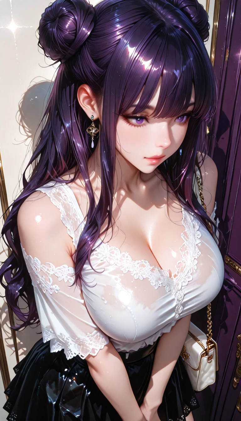 (best quality:1.5, highres, UHD, 4K, detailed lighting, shaders), curly floral haired, gradient hair, large breasts, suit, T-shirt, social shirt, short skirt, mature woman , (pov), white background, colorful eyeshadow, dramatic lighting, sparkling eyes, sensual expression, golden earrings, flowing hair, delicate facial features, white skin, high cheekbones, urban setting, black background, symmetric portrait