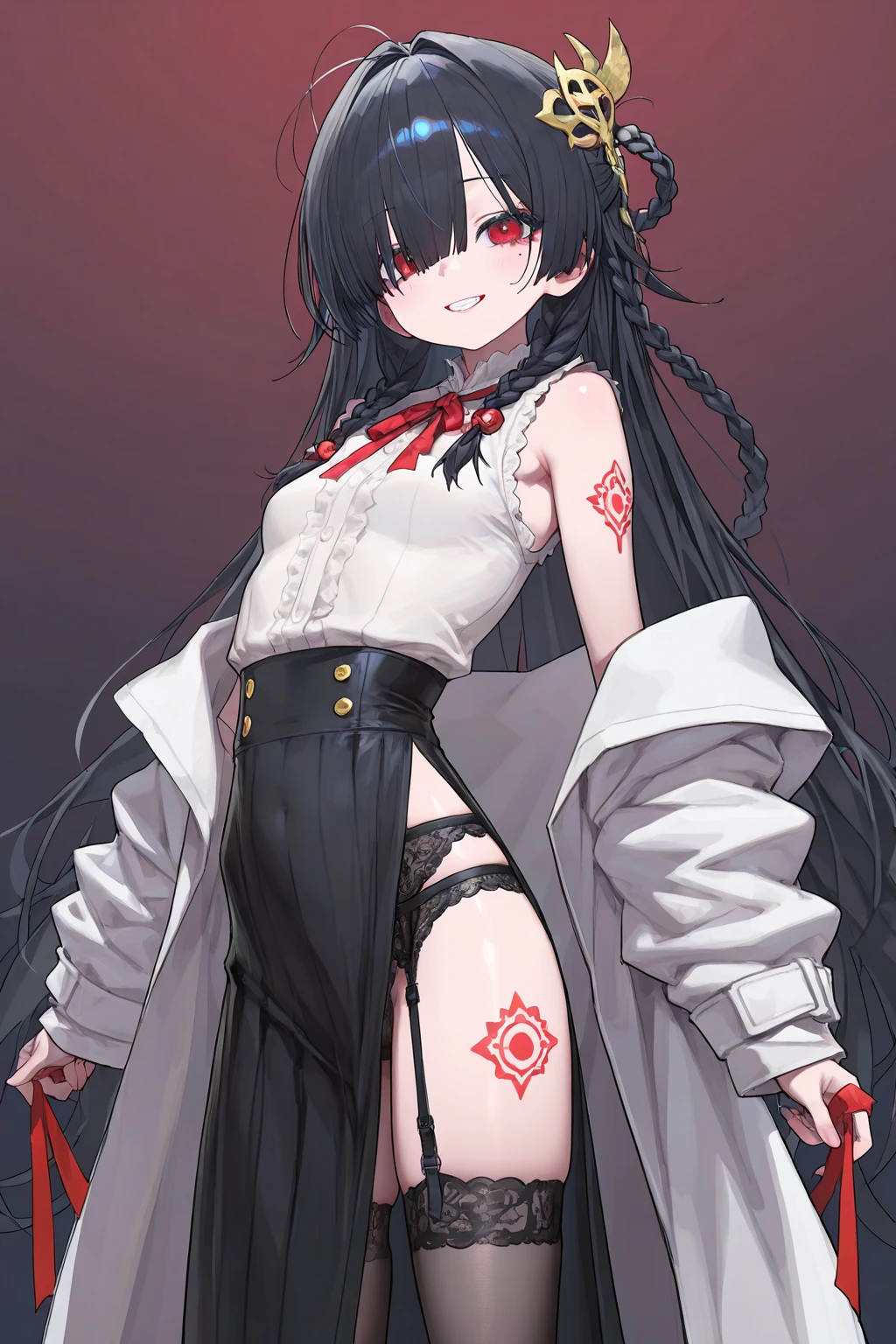 Young woman, 21 years old, full length, White background. Black hair with red ends. Emphasis on hairstyle. One eye is blue, Other purple. Focus on eye color. Pierced nose with ring on the left. haughty expression on his face. Long winter black coat that is fully buttoned, lace-up boots