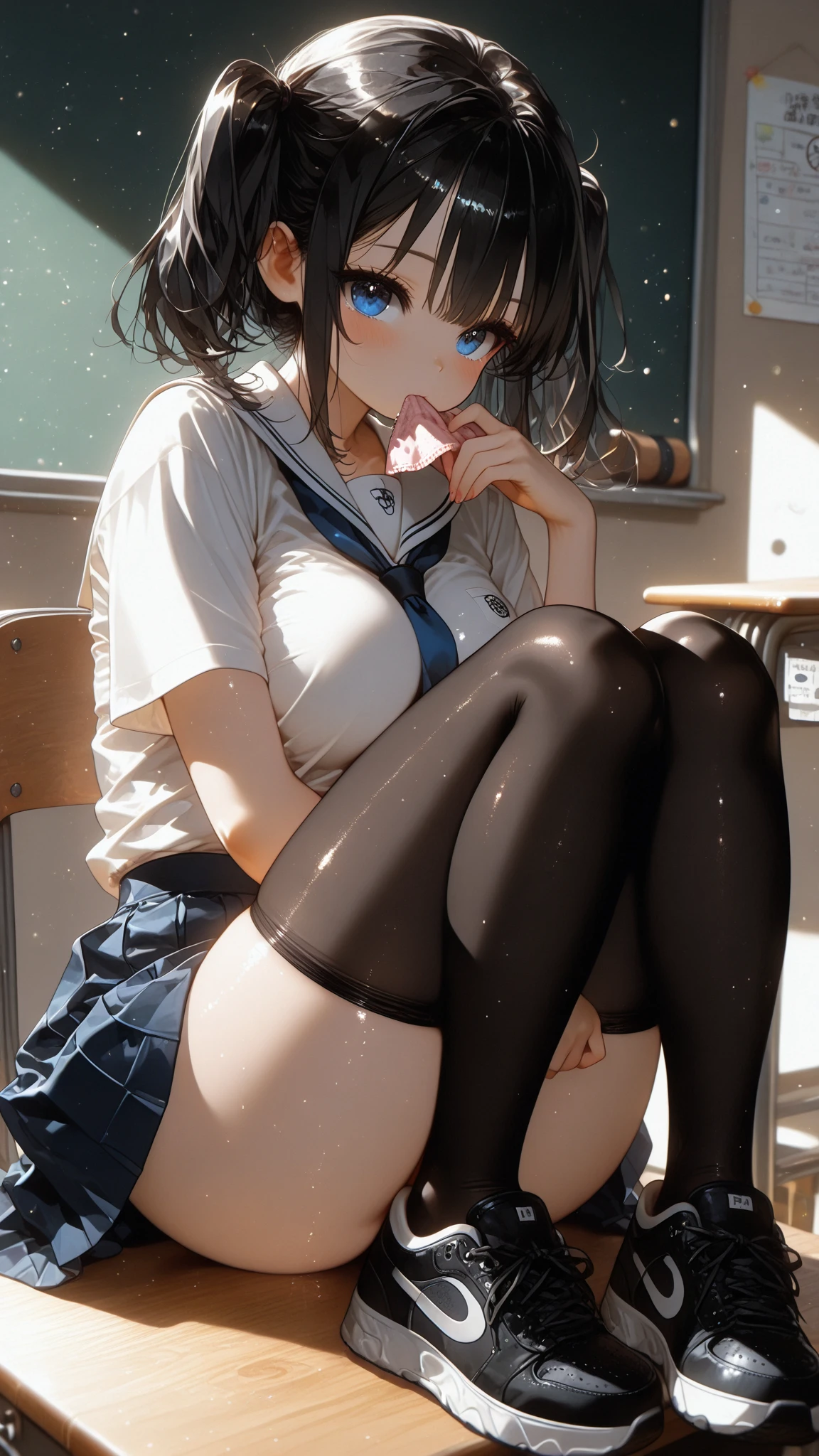 (masterpiece, Highest quality), (High resolution, detailed),
anime, Line art, Flat Shading,

alone: 1.2, woman,(detailedな顔),
(school uniform: 1.5), Loose socks,
(Disheveled Hair, Voluminous Hair),
(Beautiful thighs: 1.0),stomach:1.2,

