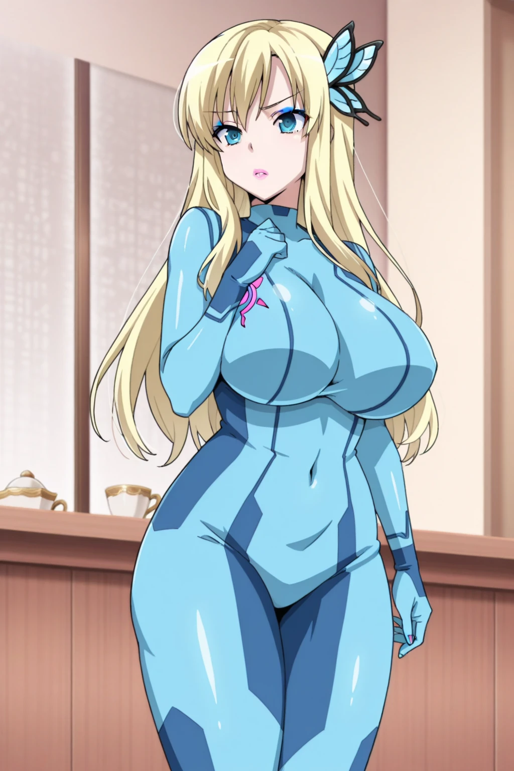 Seina Kashiwazaki, 1girl in, a blond, ponytail, hair ornament, (medium breast), bodysuit, (cowboy_shot), indoors, sleeveless.